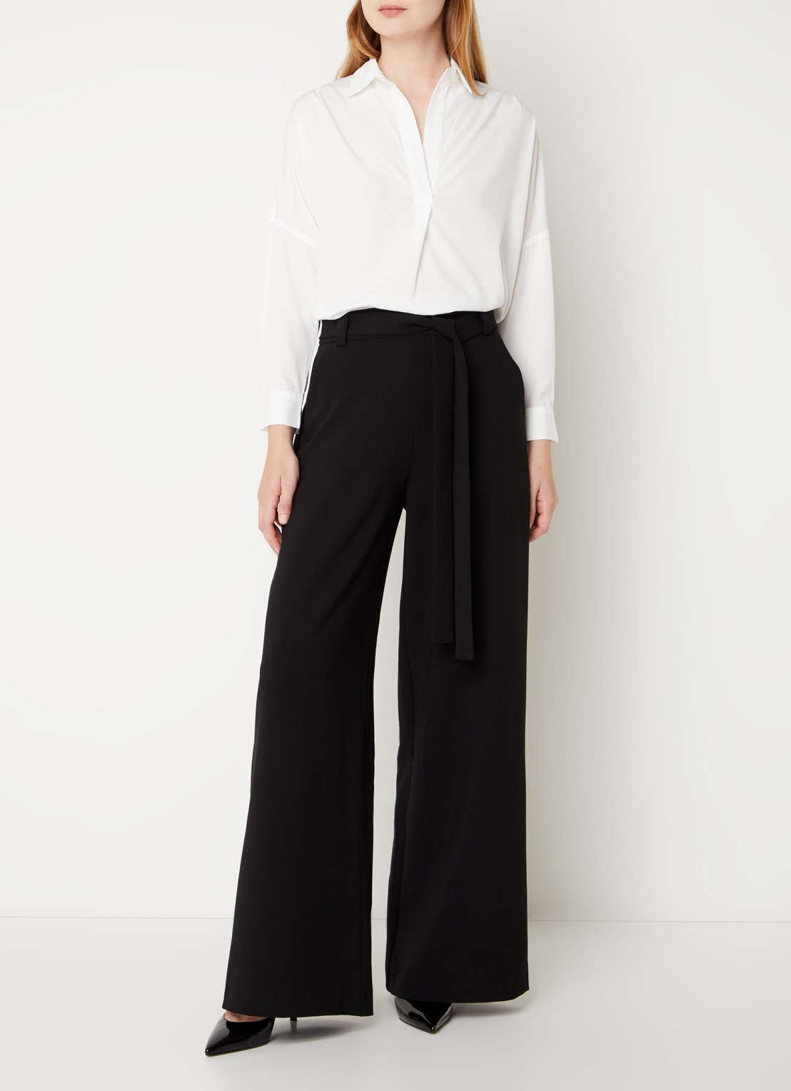 French Connection Whisper high waist wide leg palazzo broek met trekkoord  - voorkant 4 zwart