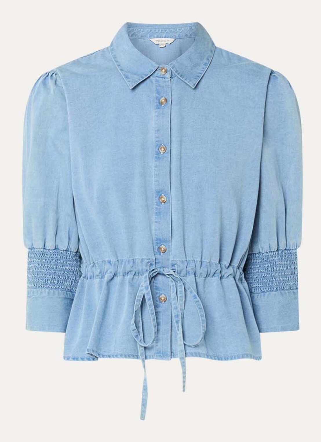 French Connection Zaves blouse van chambray met strikceintuur - voorkant 2 lichtblauw