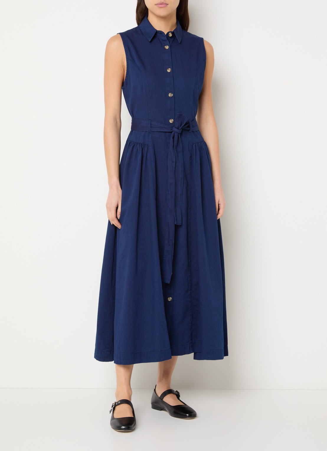 French Connection Zaves midi  blousejurk van chambray met strikceintuur - detail 3 donkerblauw