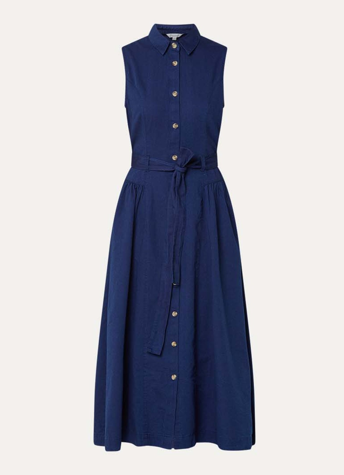 French Connection Zaves midi  blousejurk van chambray met strikceintuur - voorkant donkerblauw