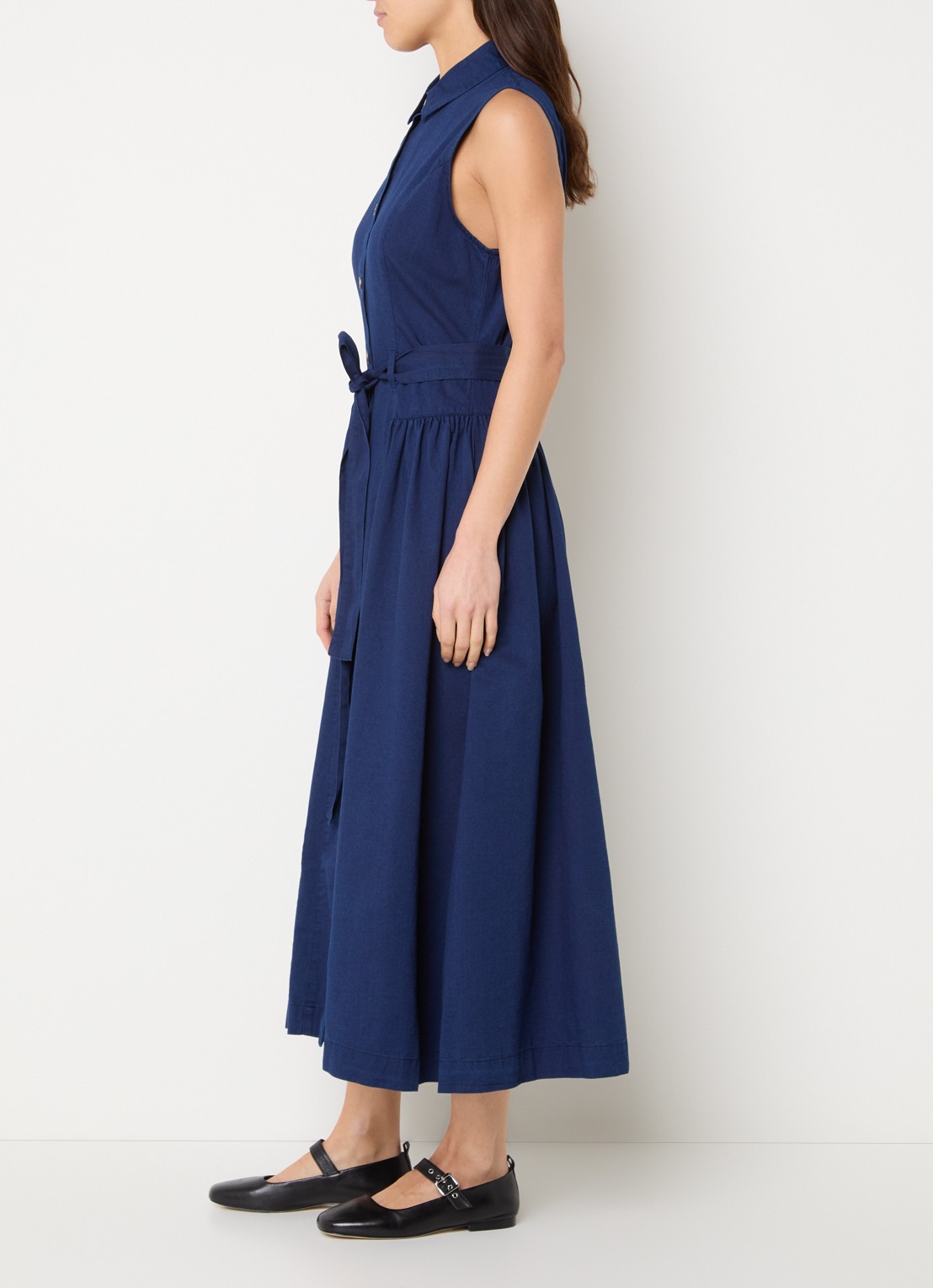 French Connection Zaves midi  blousejurk van chambray met strikceintuur - voorkant 2 donkerblauw