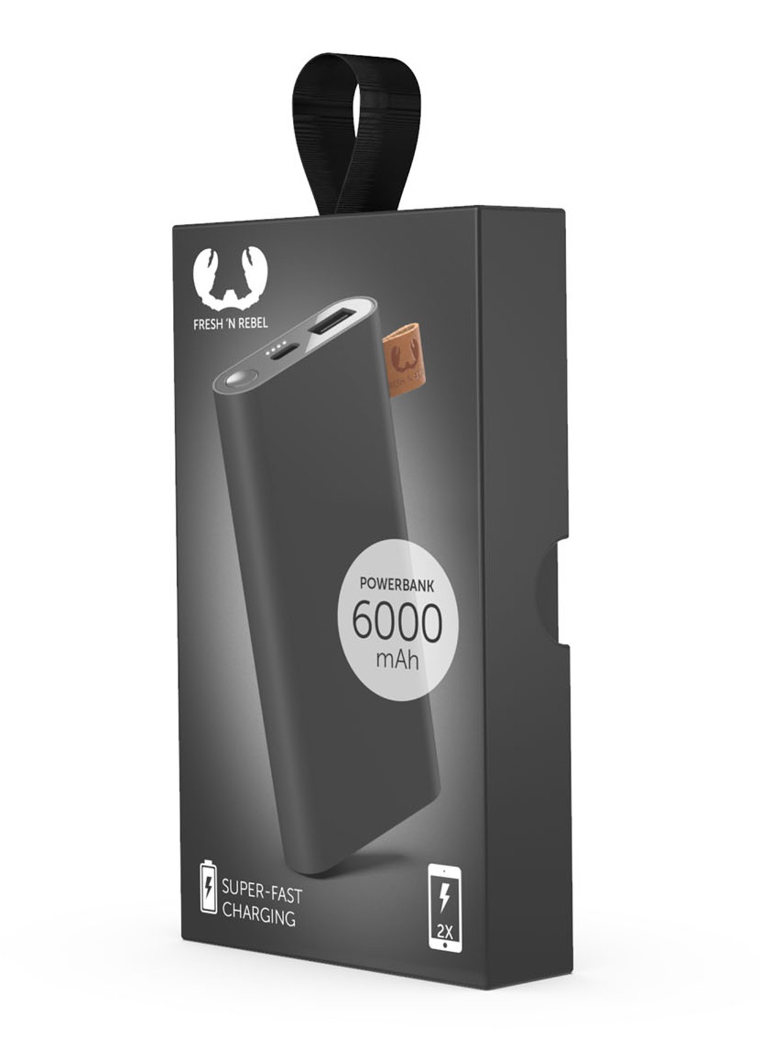 Fresh 'n Rebel 6000 mAh powerbank - voorkant 2 donkergrijs