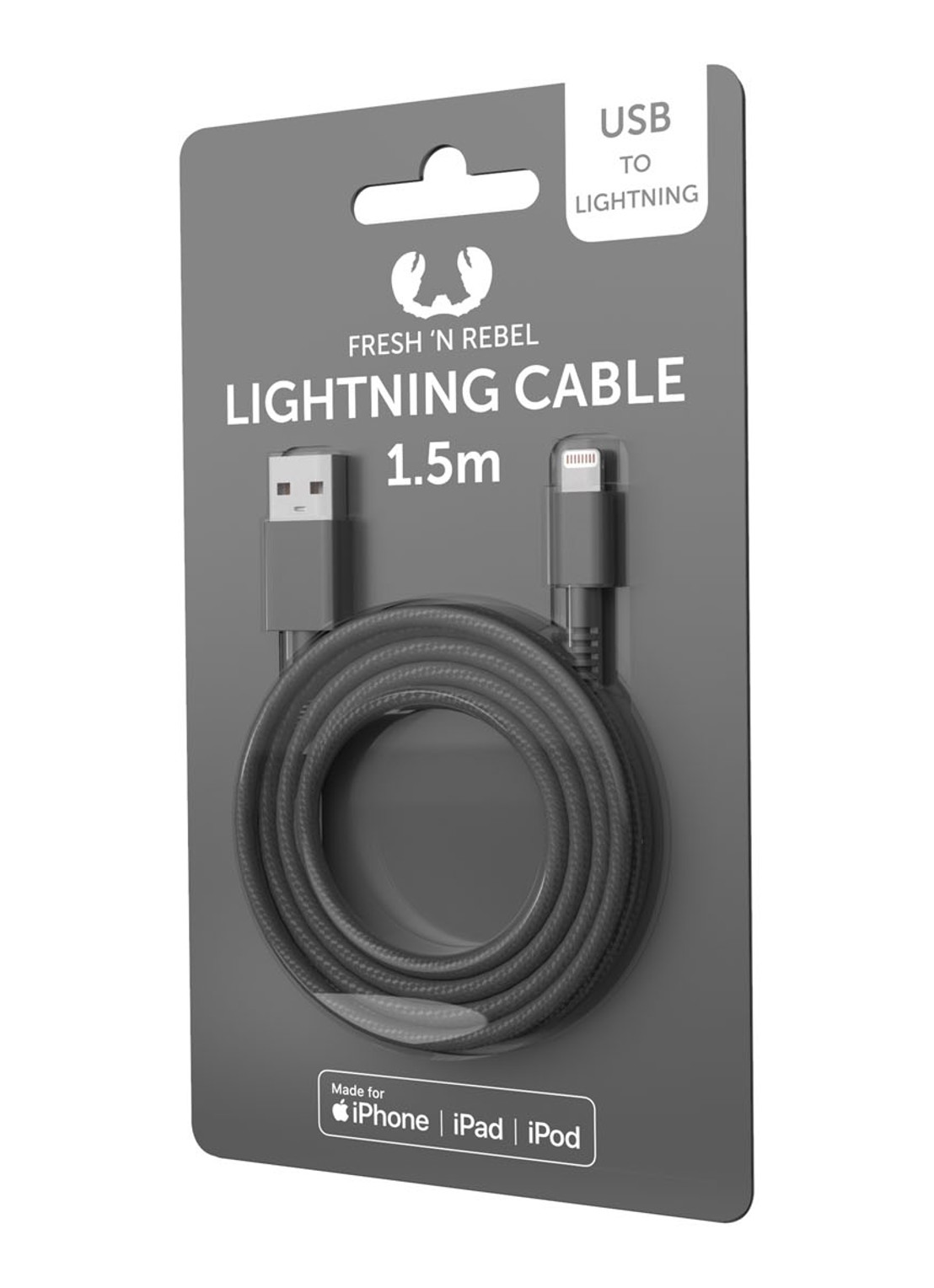 Fresh 'n Rebel USB Lightning kabel voor iOs apparaten 1.5 M - voorkant 2 donkergrijs