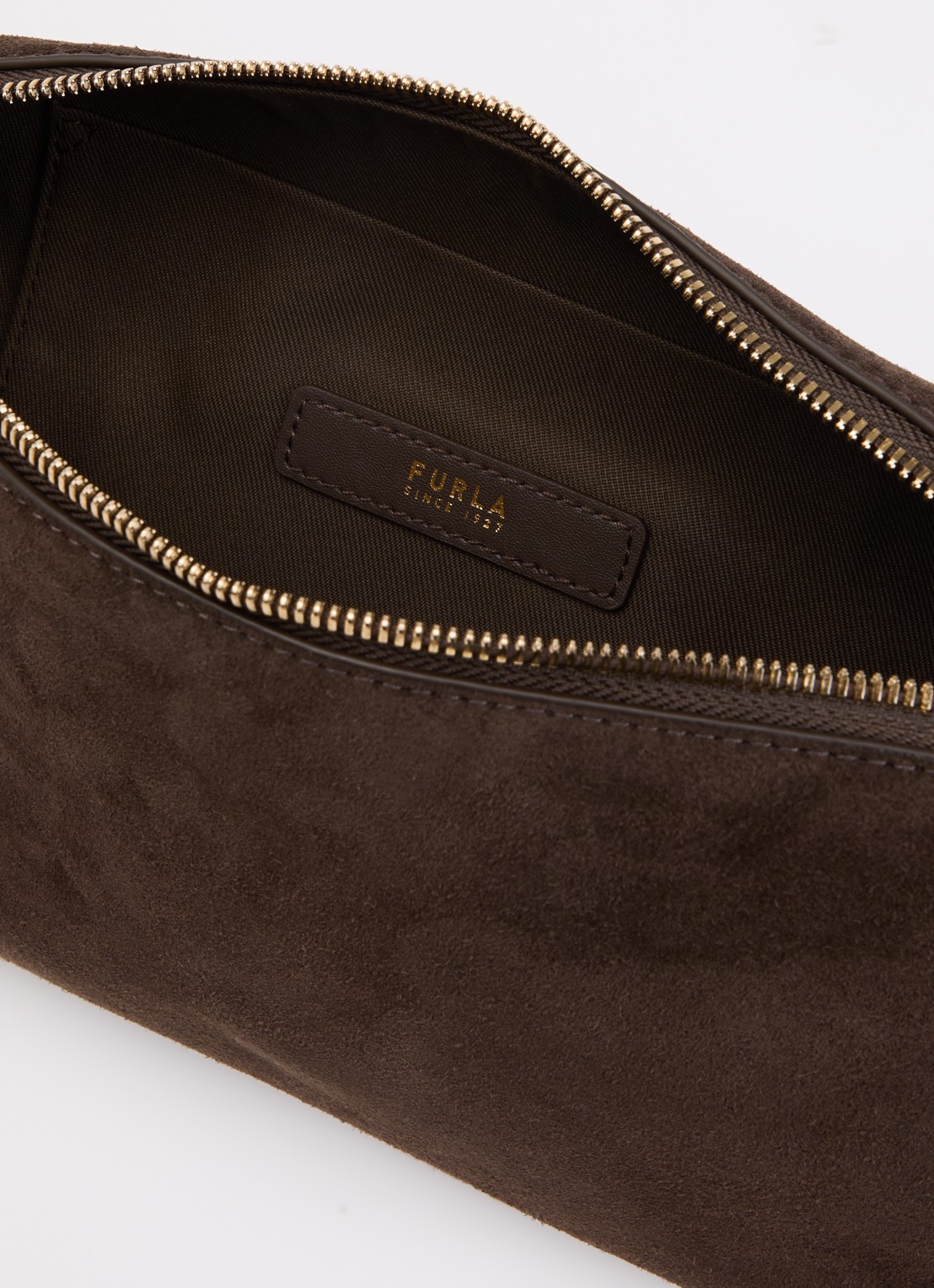 FURLA Debby Mini schoudertas van suède met verstelbare schouderriem - detail donkerbruin