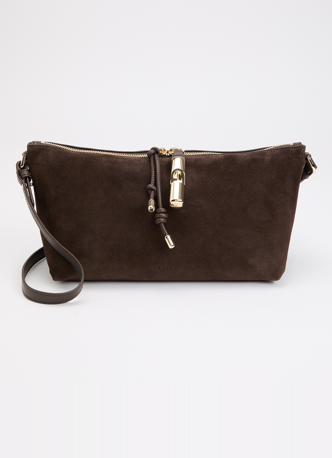 FURLA Debby Mini schoudertas van suède met verstelbare schouderriem - voorkant 5 donkerbruin