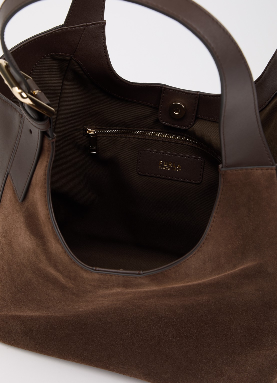 FURLA Dora L schoudertas van suède met kalfsleren details - detail 2 bruin