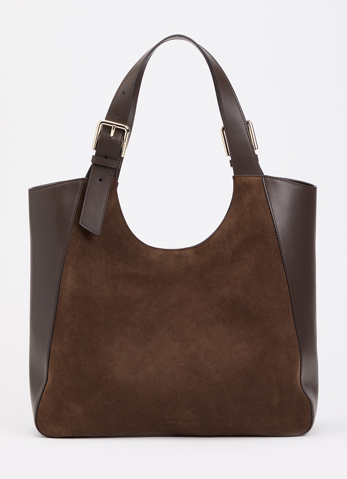 FURLA Dora L schoudertas van suède met kalfsleren details - voorkant bruin