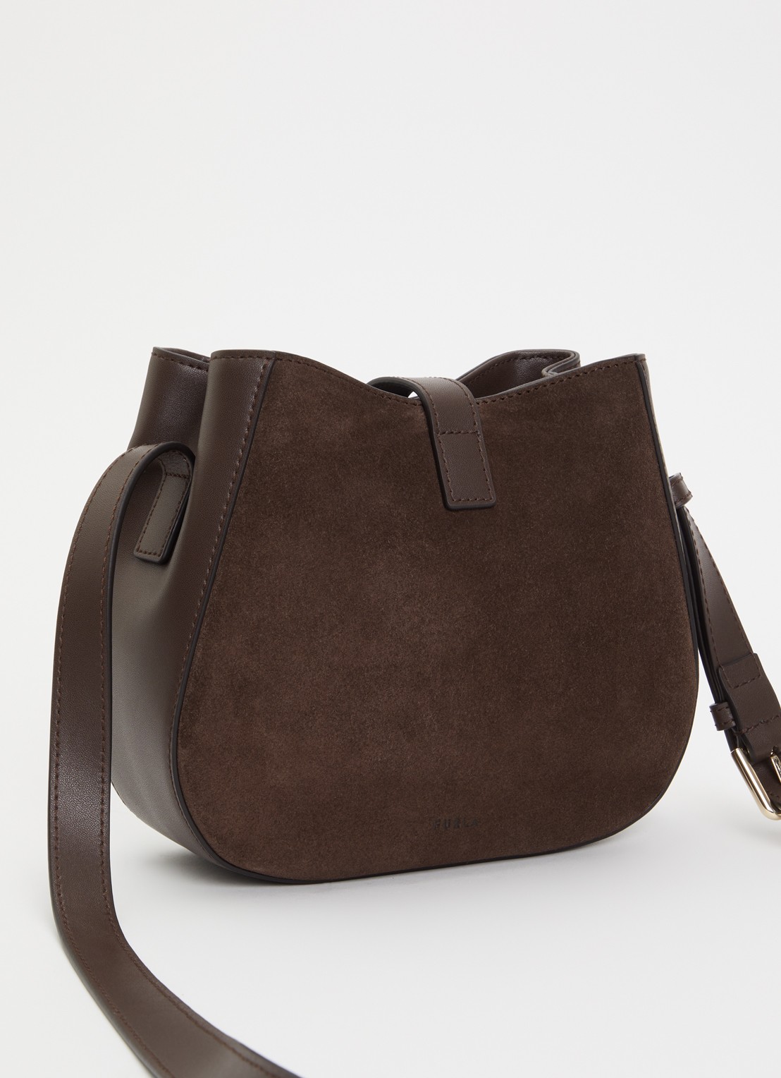 FURLA Dora Mini schoudertas van leer met details van suède  - achterkant 5 donkerbruin