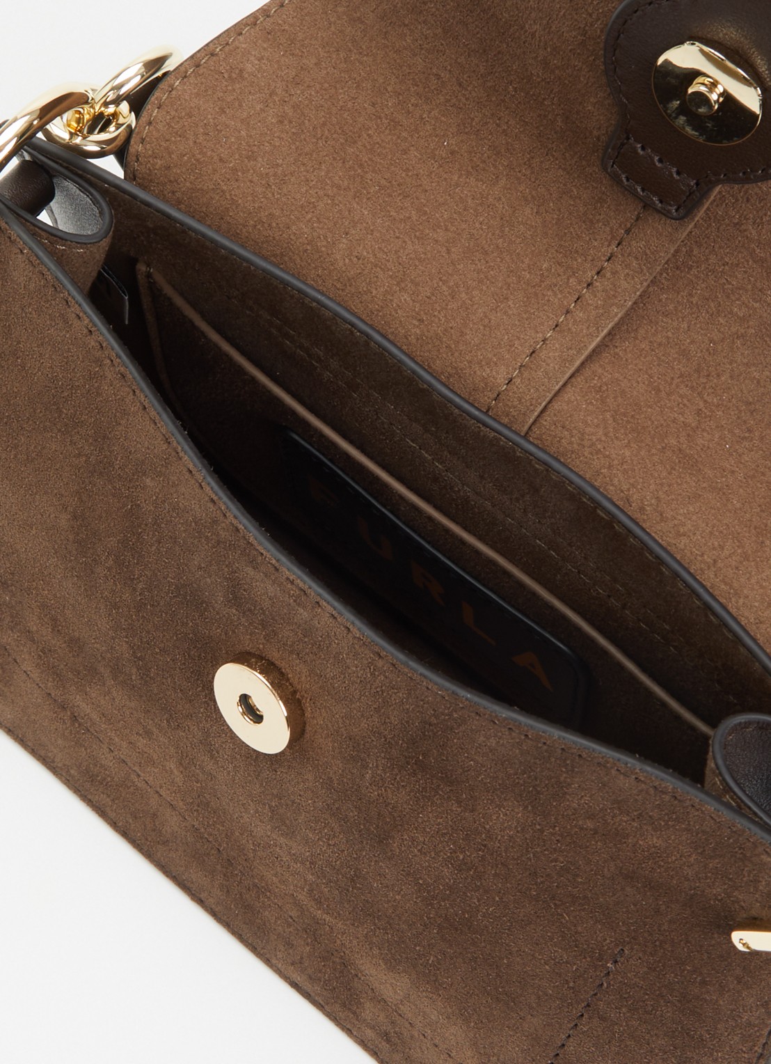 FURLA Flow Mini handtas van suède met details van kalfsleer - detail 3 donkerbruin