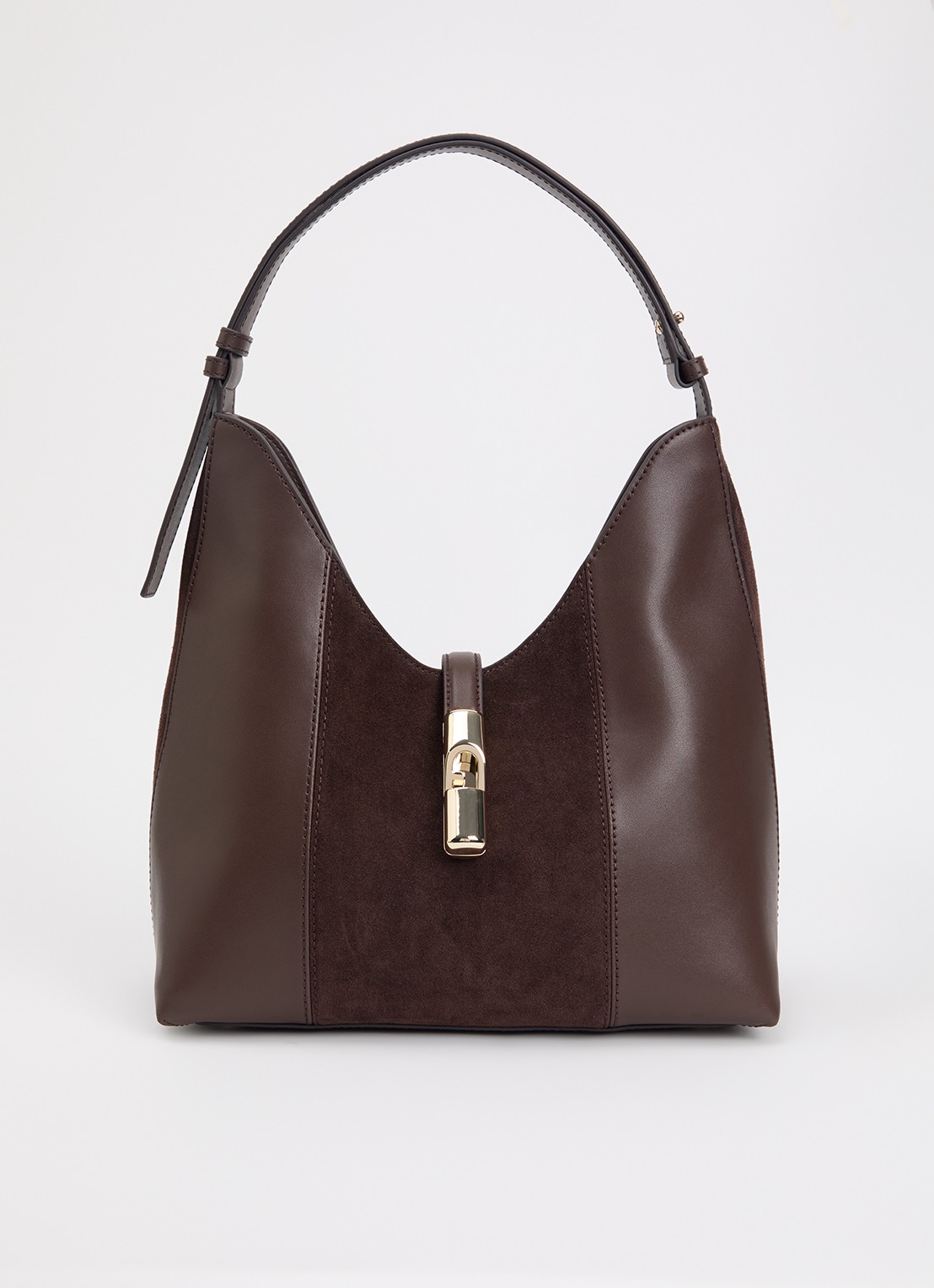 FURLA Goccia M schoudertas van kalfsleer met details van suède - voorkant chocoladebruin