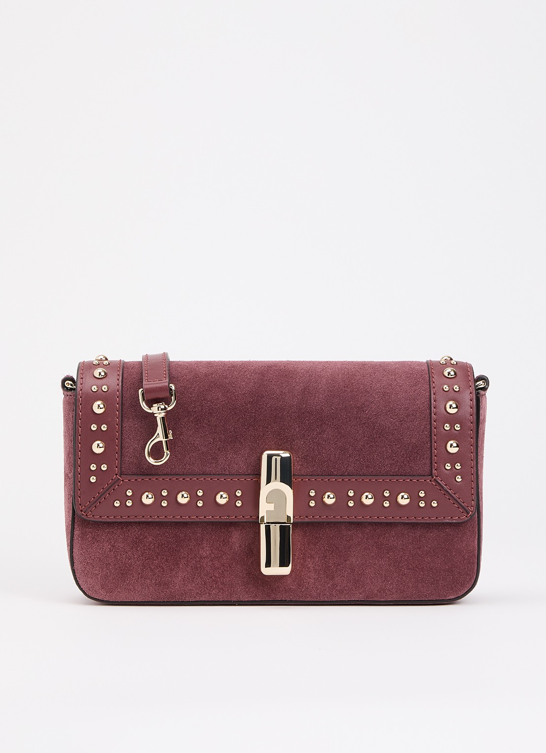 FURLA Iride S crossbodytas van suède met studs en afneembare schouderriem - voorkant 2 cranberryrood