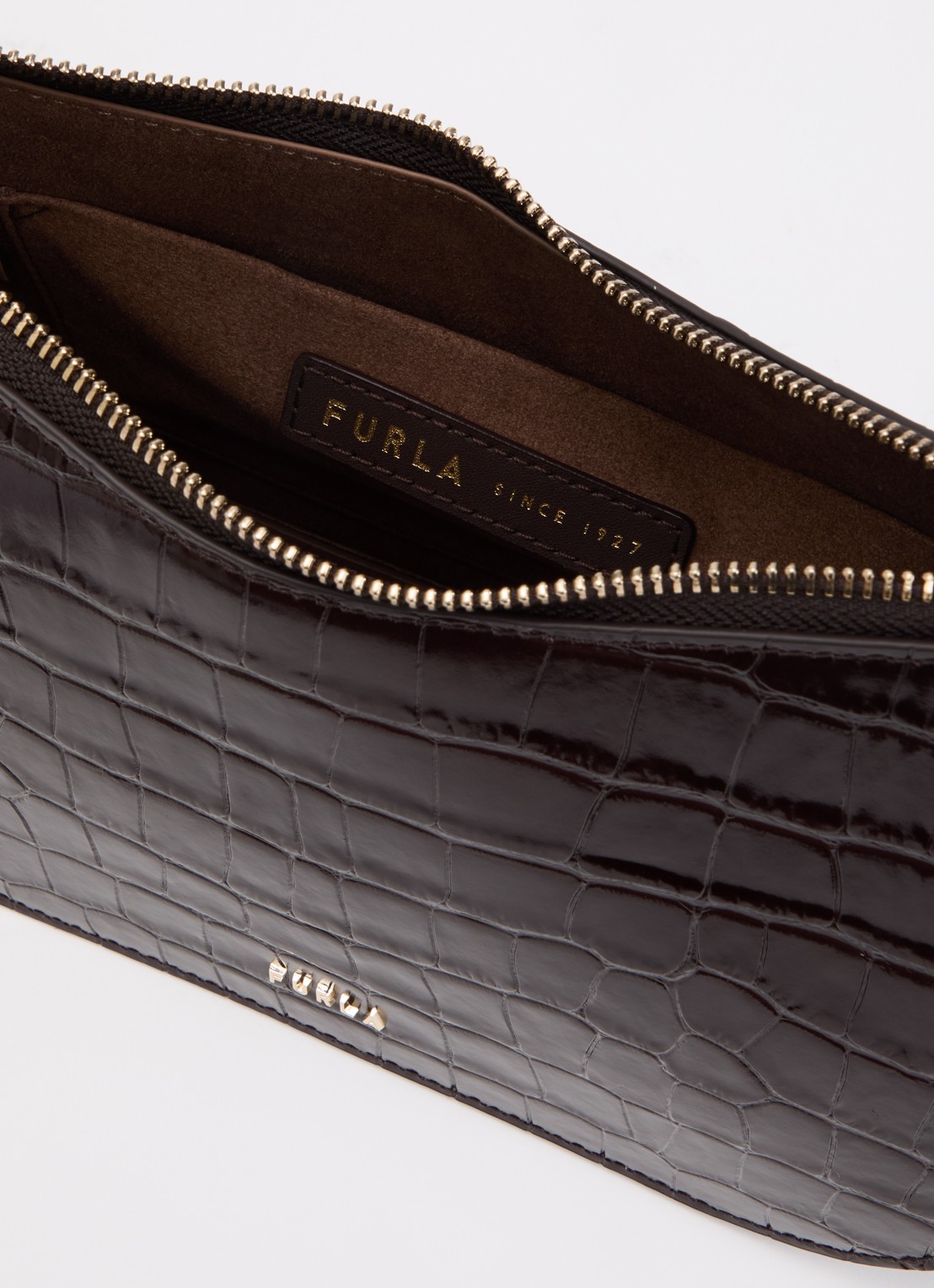 FURLA Sara S schoudertas van leer met crocostructuur en verstelbare schouderriem - detail donkerbruin