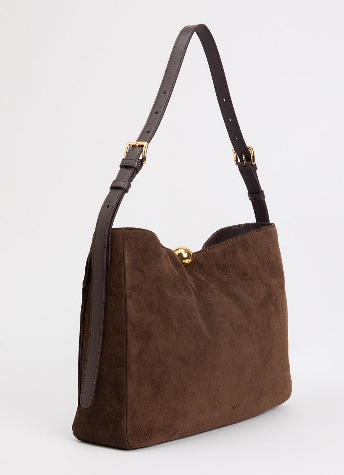 FURLA Sfera Soft L schoudertas van suède met franjes - achterkant chocoladebruin