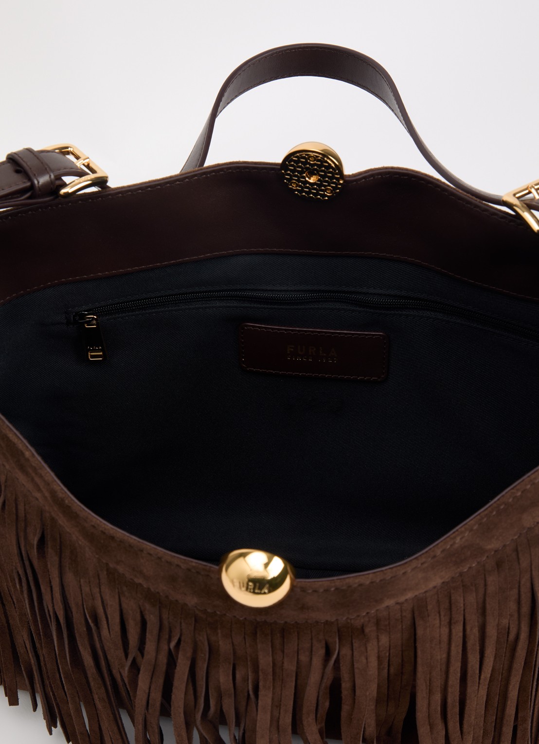 FURLA Sfera Soft L schoudertas van suède met franjes - detail 3 chocoladebruin