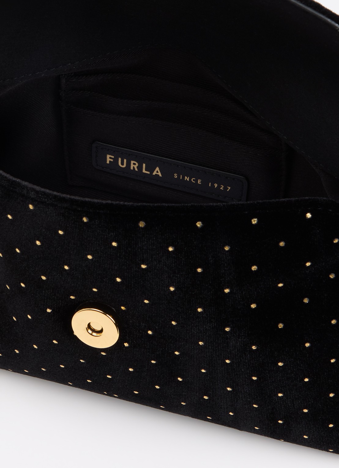 FURLA Sfera Soft Mini crossbodytas van fluweel met verstelbare schouderriem - detail zwart