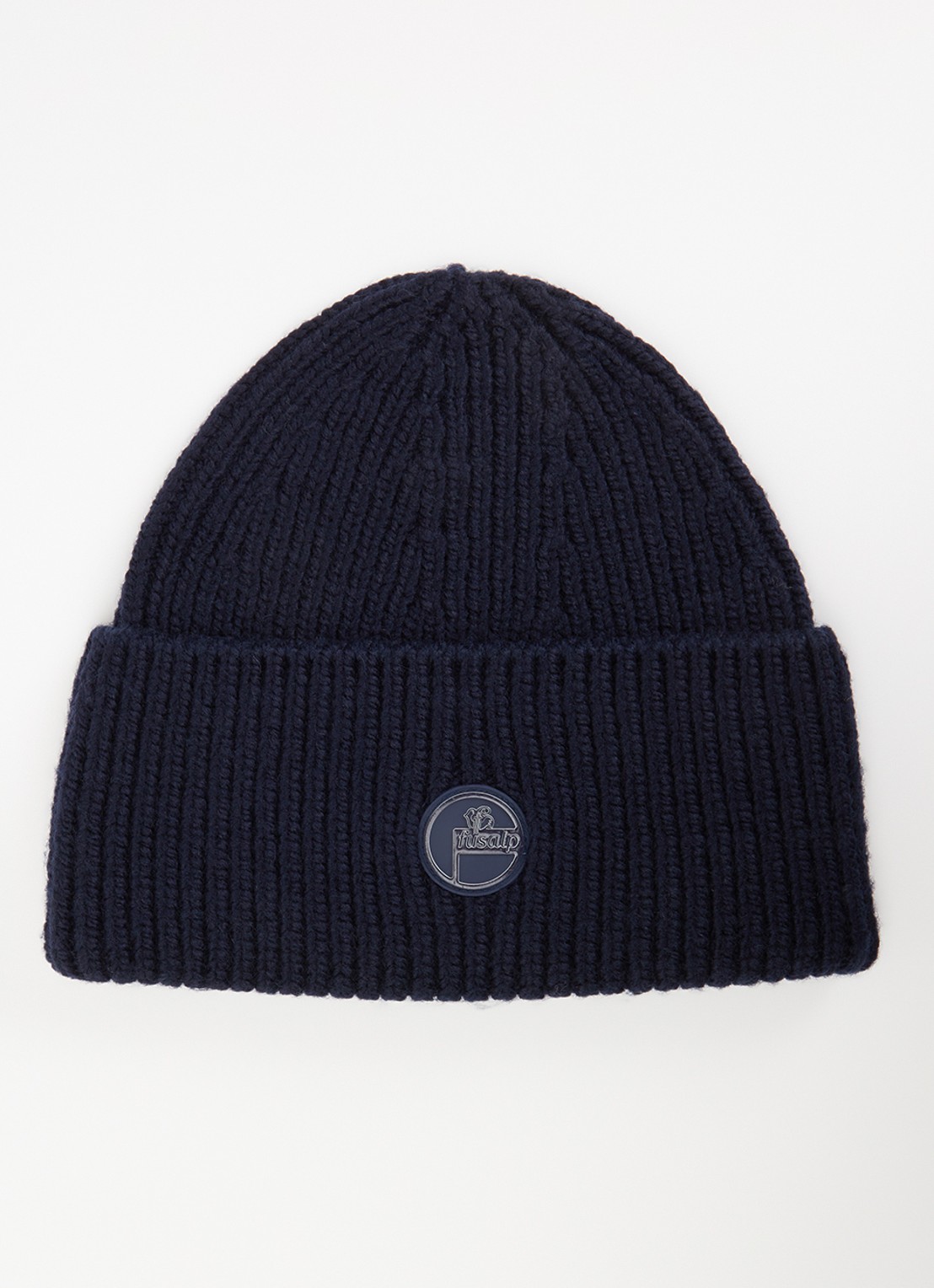 Fusalp Ribgebreide muts van wol met logo - voorkant donkerblauw