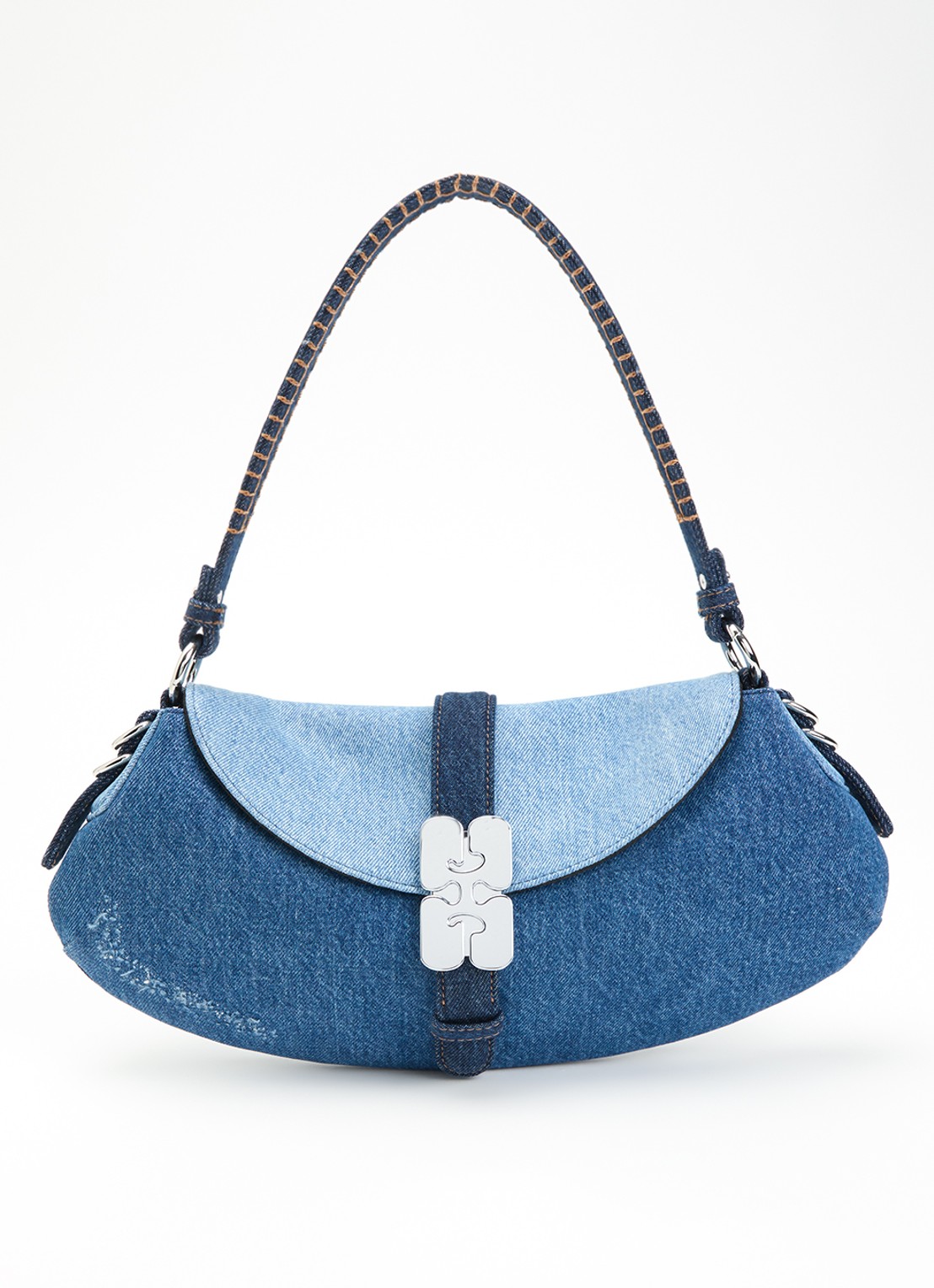 Ganni B-Kat handtas van denim met gespdetail  - voorkant 6 indigo