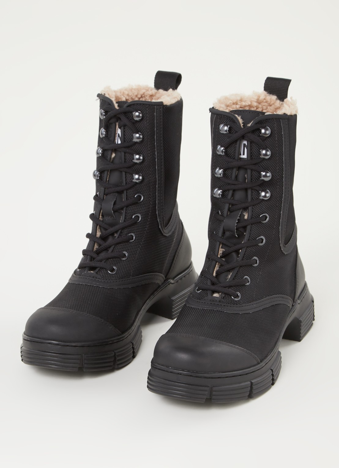 Ganni Bikerboot met voering van imitatiebont - detail zwart