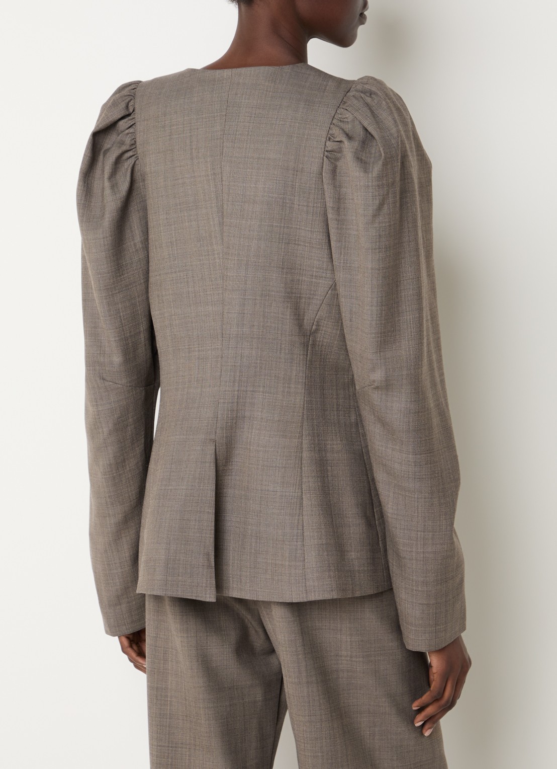 Ganni Blazer in wolblend met gemêleerd dessin en pofmouw - achterkant 4 chocoladebruin