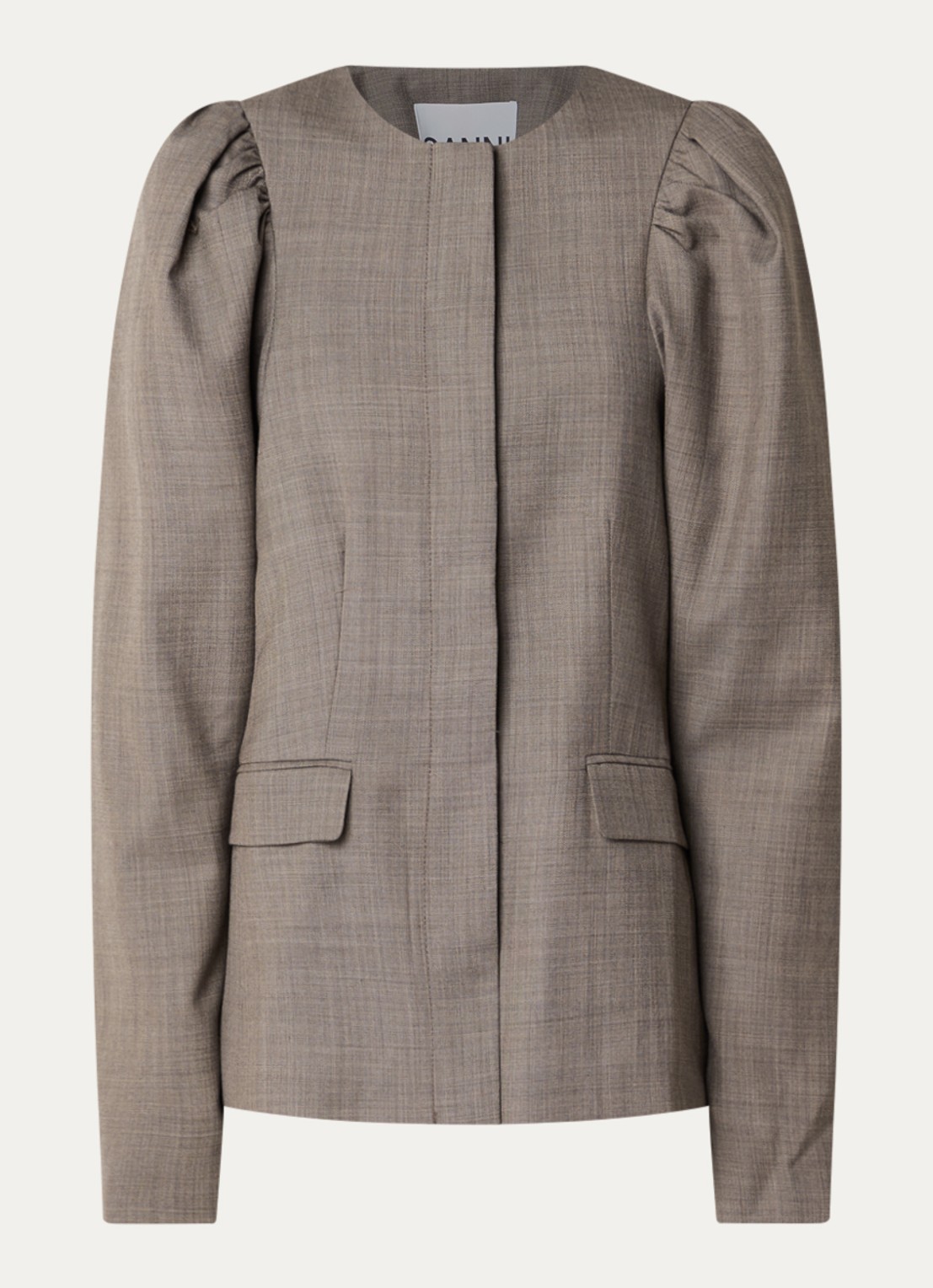 Ganni Blazer in wolblend met gemêleerd dessin en pofmouw - voorkant 2 chocoladebruin