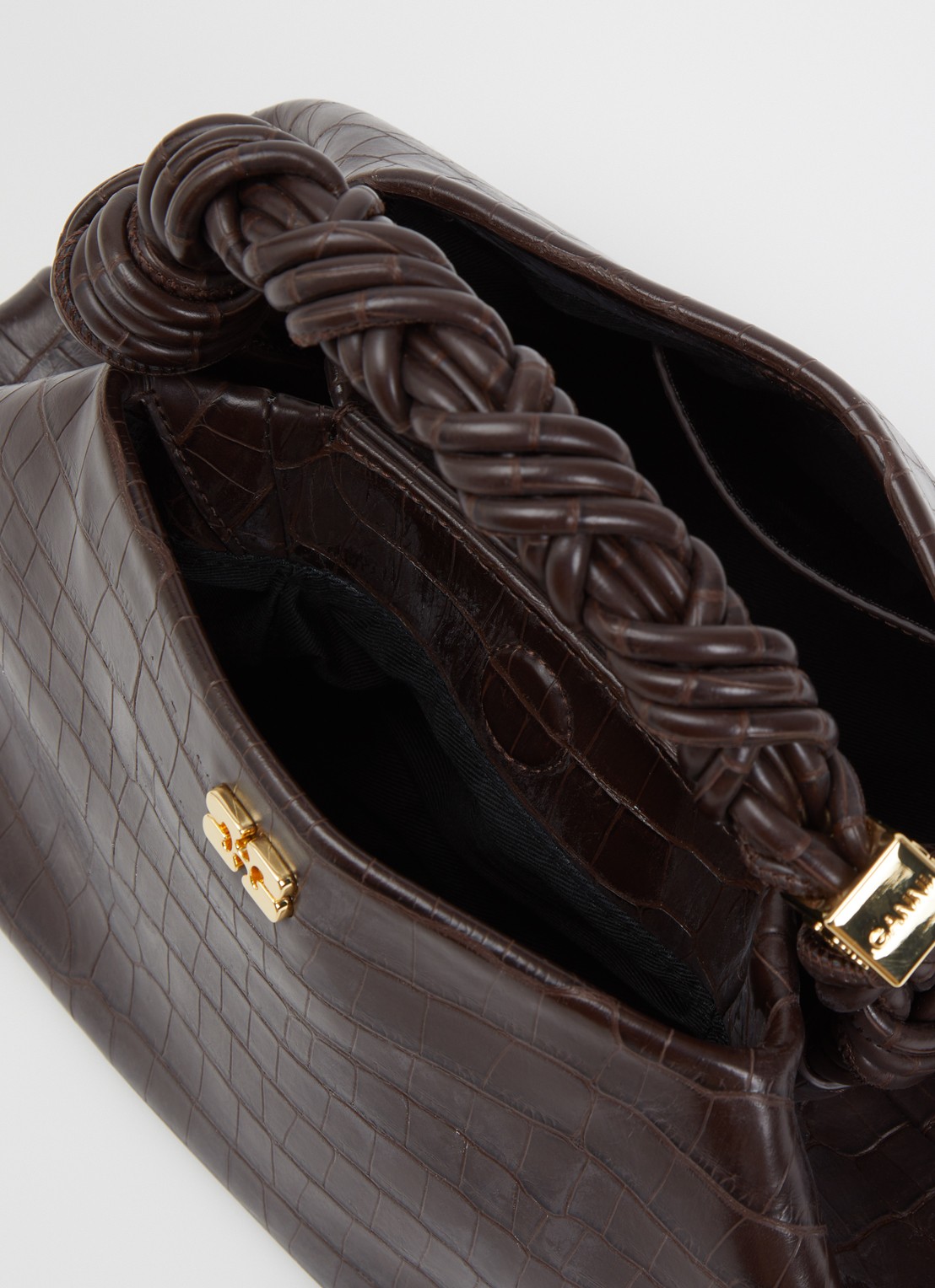 Ganni Bou Mini handtas van leer met crocostructuur - detail donkerbruin