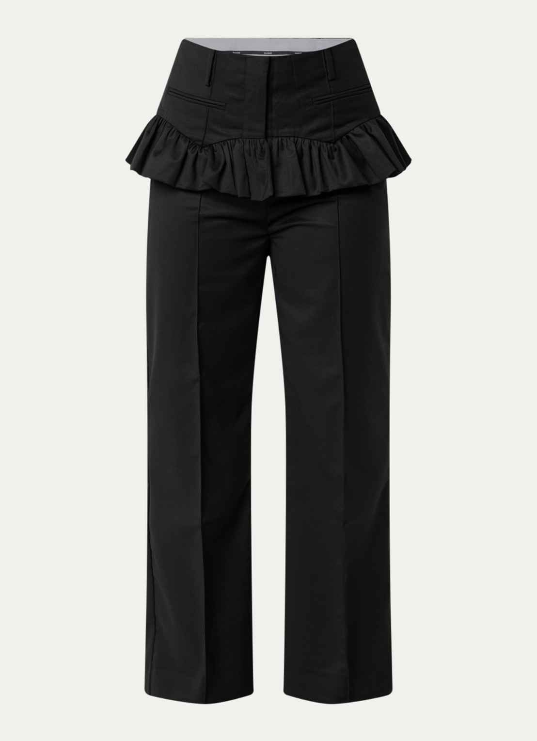 Ganni Calendered high waist loose fit pantalon in wolblend  - voorkant 2 zwart