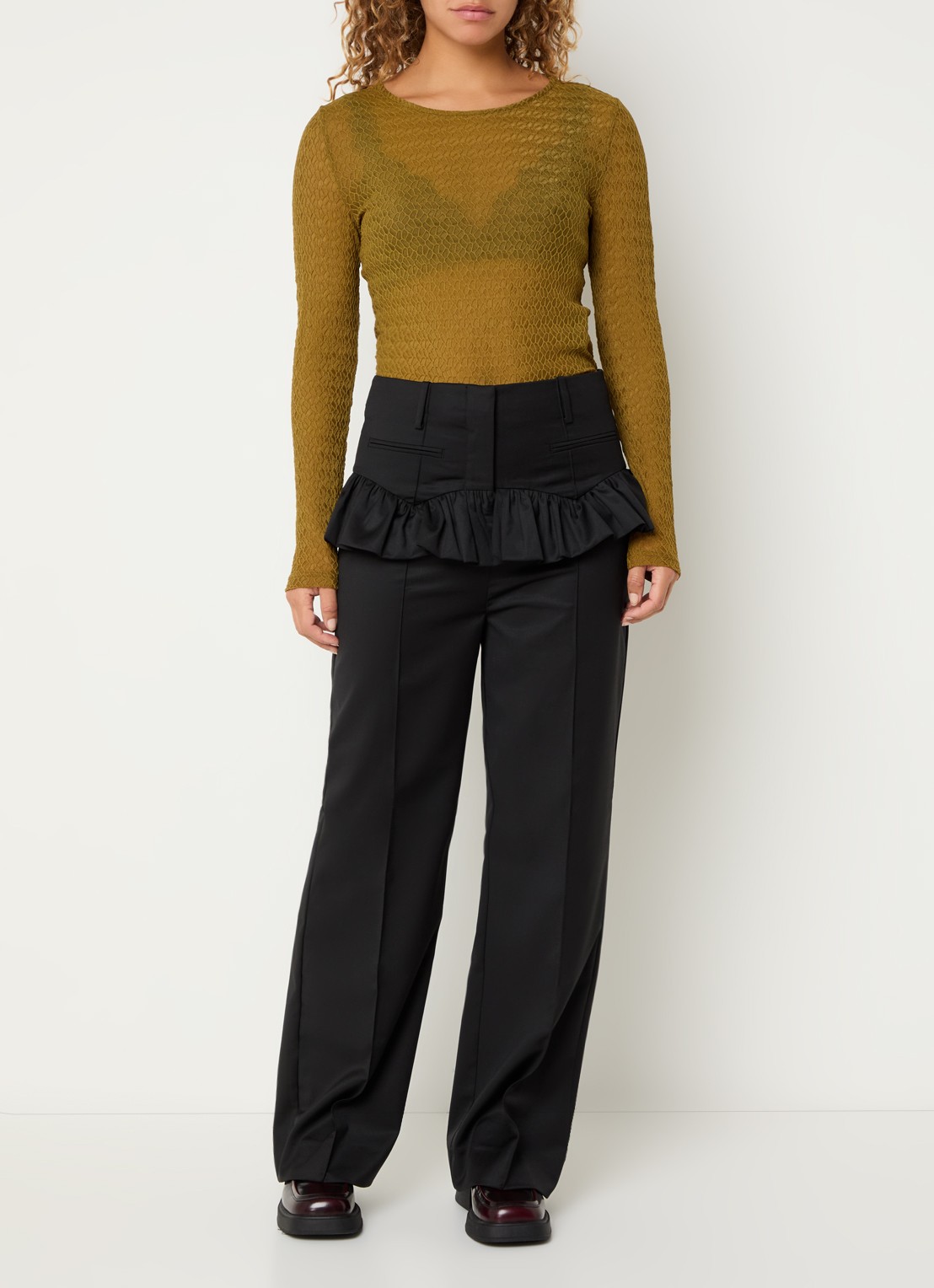 Ganni Calendered high waist loose fit pantalon in wolblend  - voorkant 3 zwart