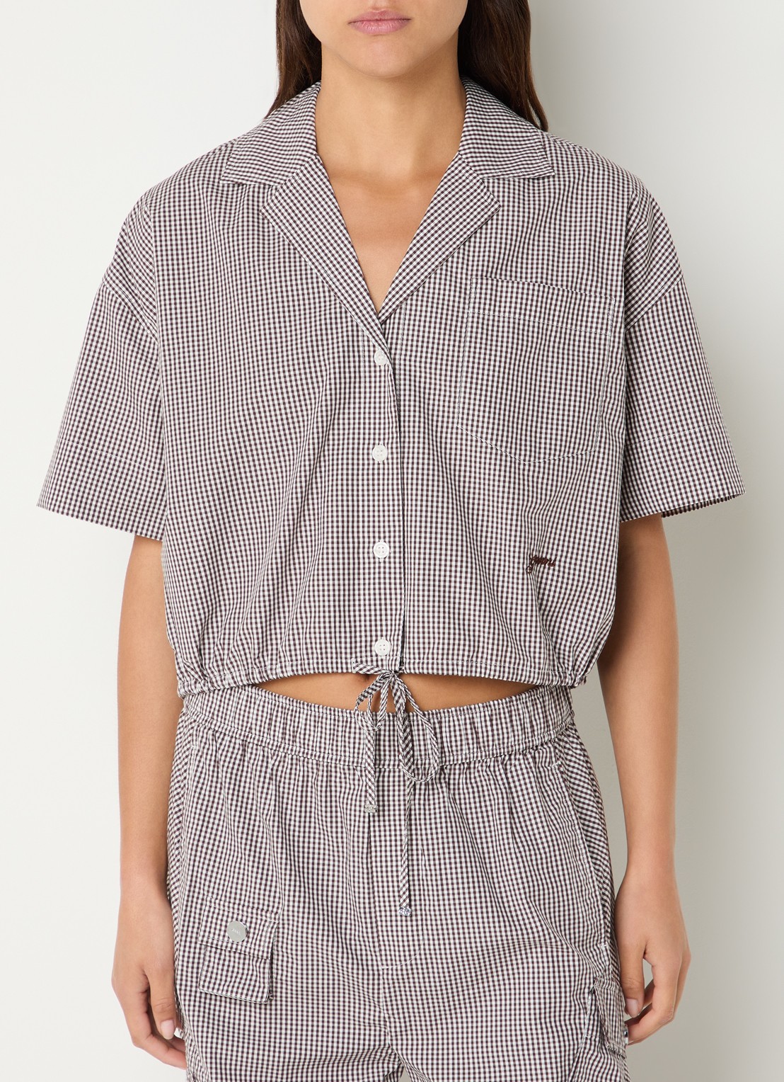 Ganni Cropped blouse met ruitdessin en borstzak - detail 4 bruin