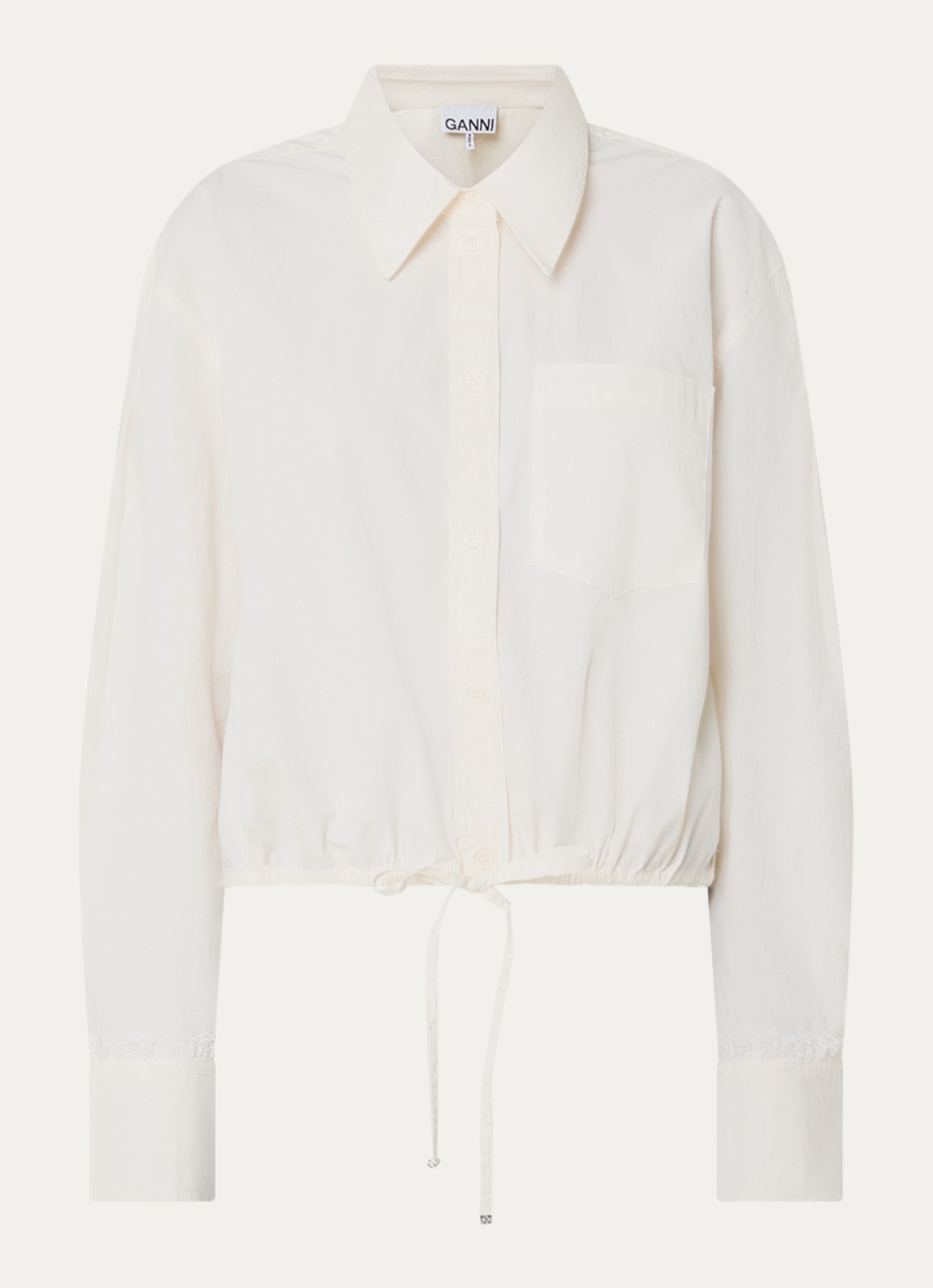 Ganni Cropped blouse met trekkoord en details van kant - voorkant 3 gebroken wit