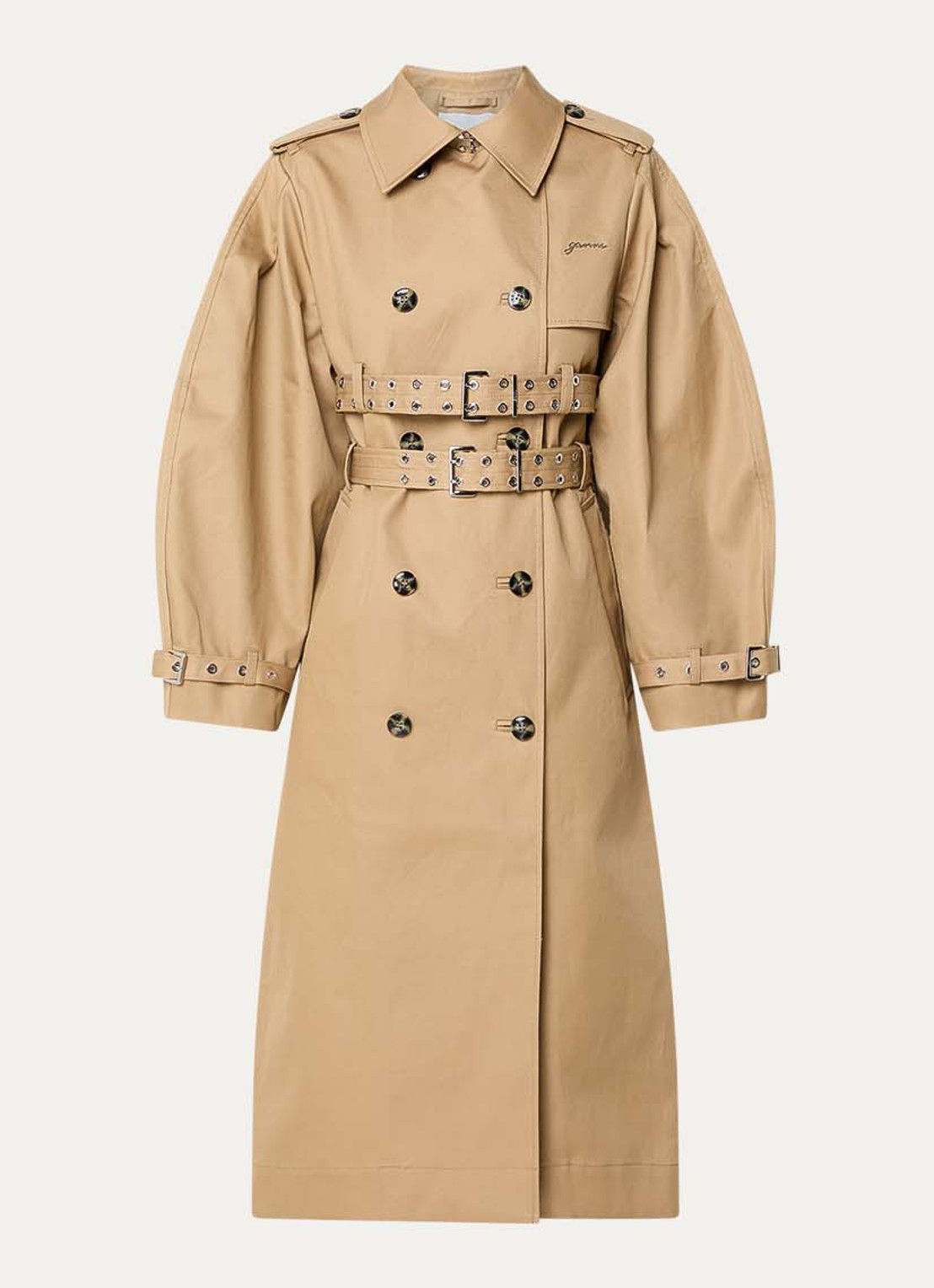 Ganni Double-breasted trenchcoat met steekzakken - voorkant camel