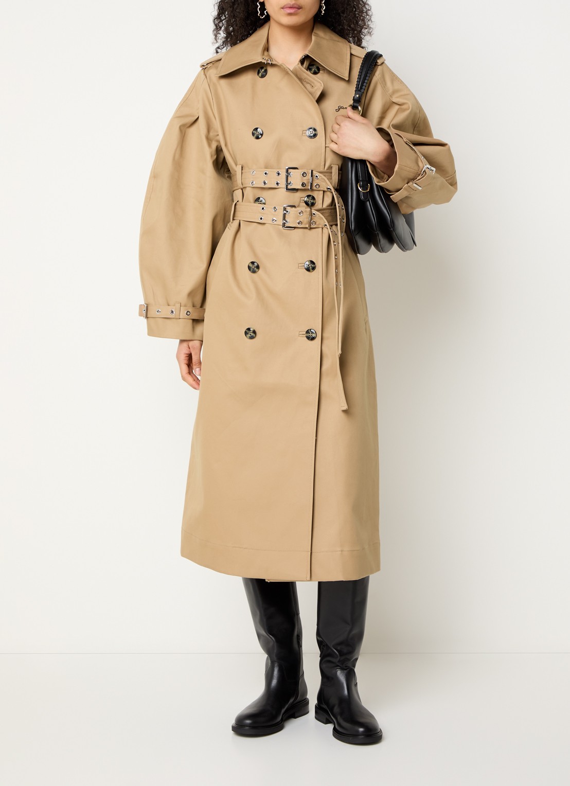 Ganni Double-breasted trenchcoat met steekzakken - voorkant 2 camel