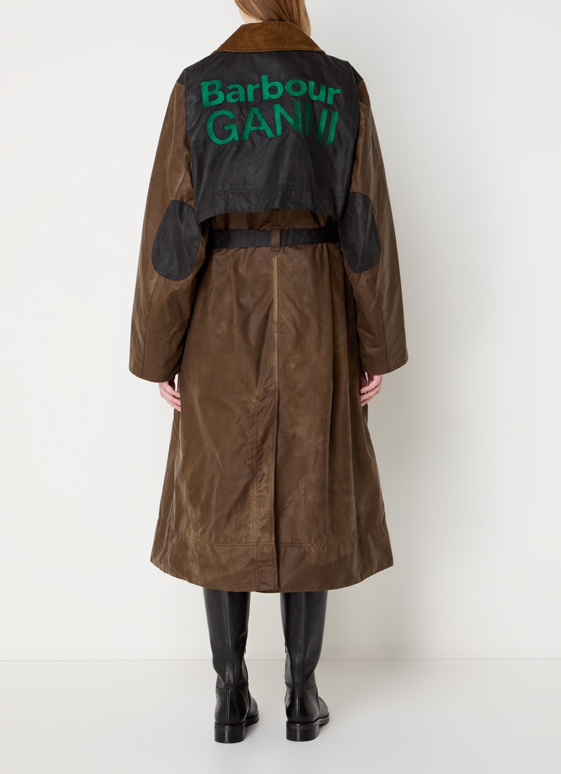 Ganni Double-breasted trenchcoat van  katoen met ceintuur en logo - achterkant 5 lichtbruin
