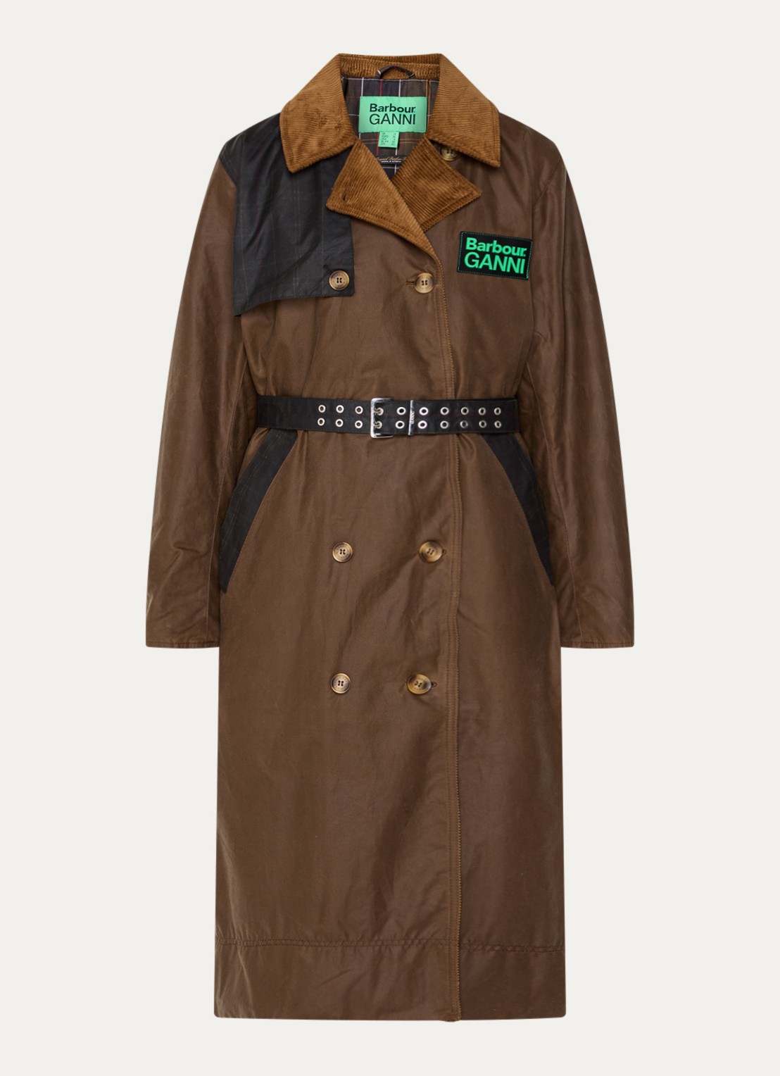 Ganni Double-breasted trenchcoat van  katoen met ceintuur en logo - voorkant lichtbruin