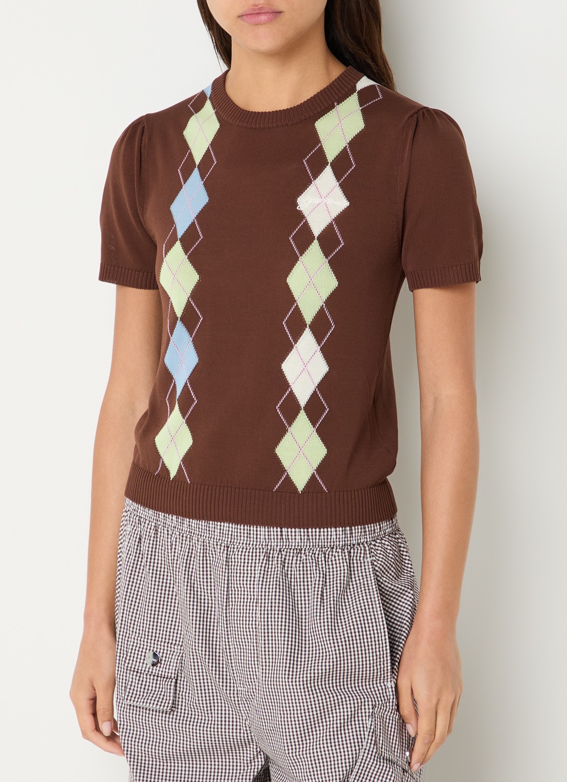 Ganni Fijngebreid T-shirt met ingebreid patroon - detail 2 bruin
