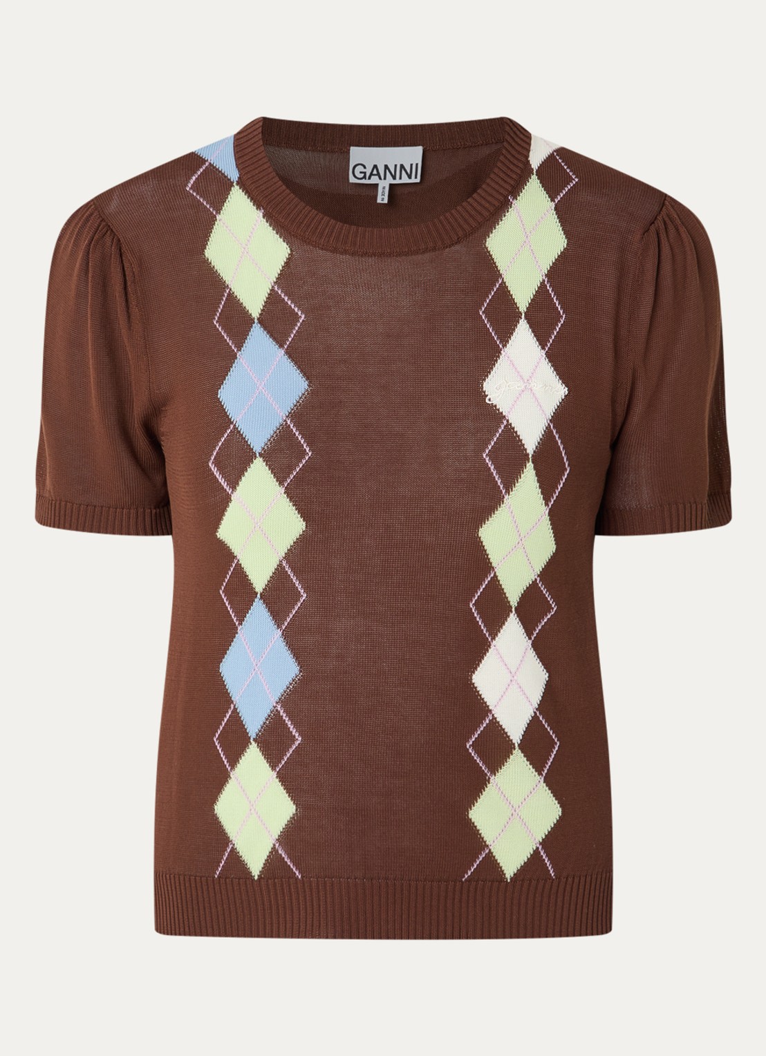 Ganni Fijngebreid T-shirt met ingebreid patroon - voorkant 3 bruin
