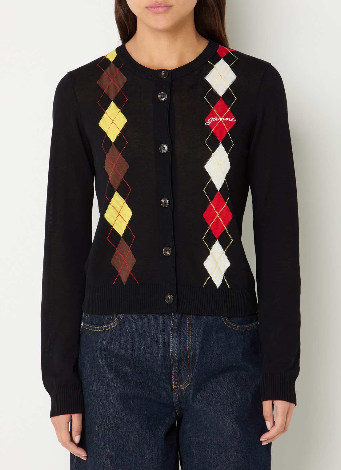 Ganni Fijngebreid vest met ingebreid patroon - detail zwart