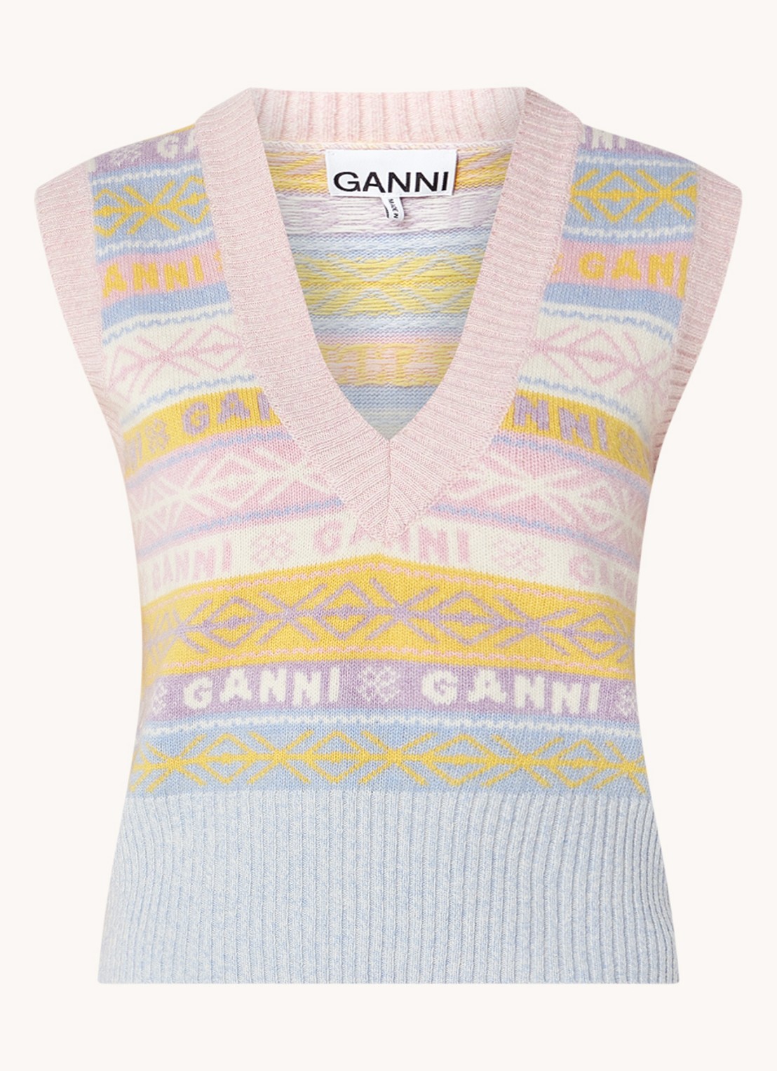Ganni Fijngebreide spencer in wolblend met ingebreid logo - voorkant lichtblauw
