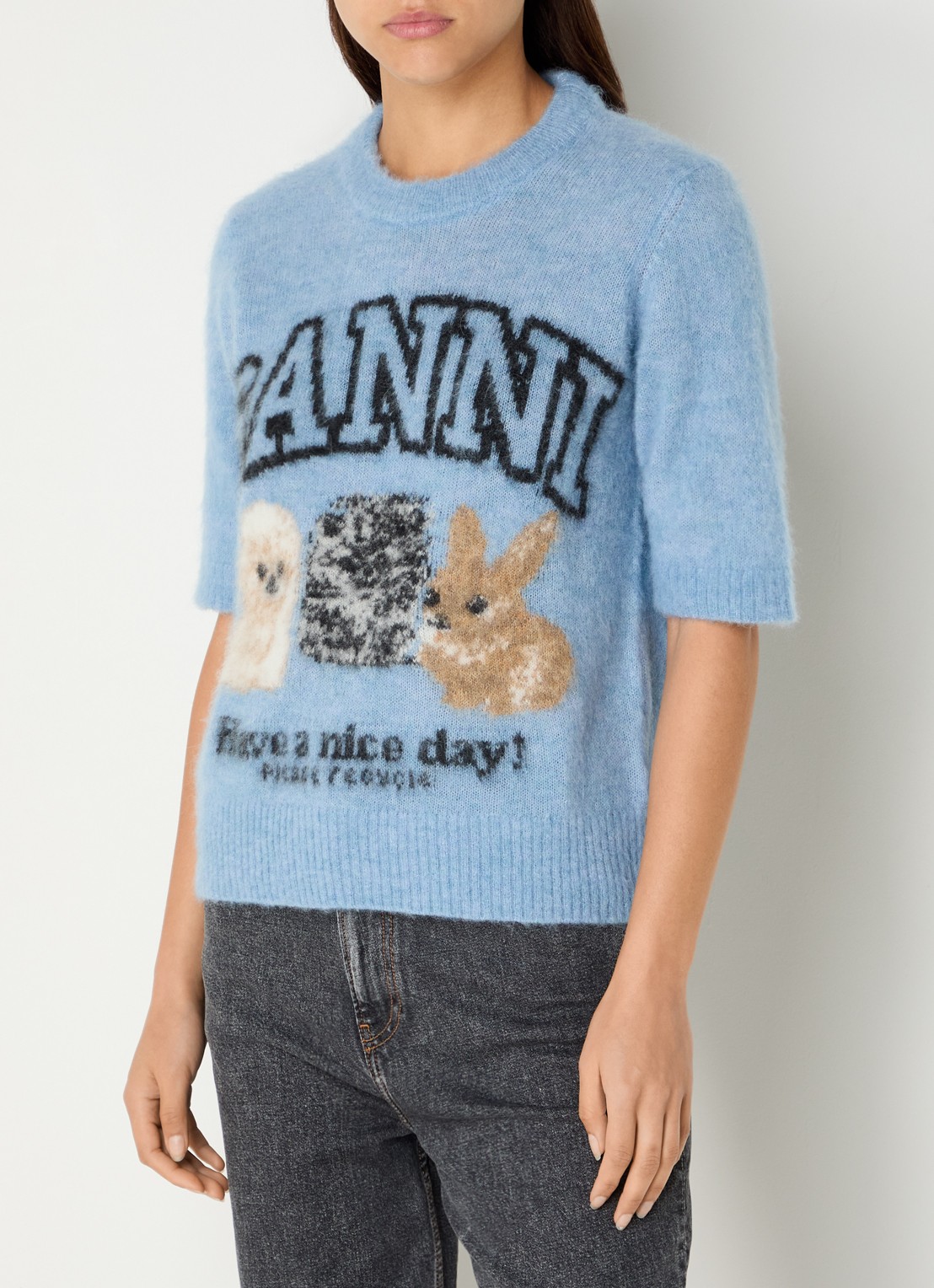 Ganni Fijngebreide trui in alpaca wolblend met ingebreide logoprint - detail 4 staalblauw