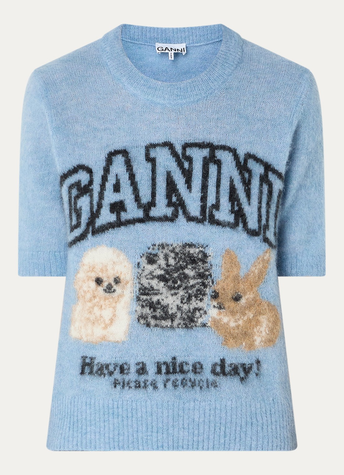 Ganni Fijngebreide trui in alpaca wolblend met ingebreide logoprint - voorkant 2 staalblauw