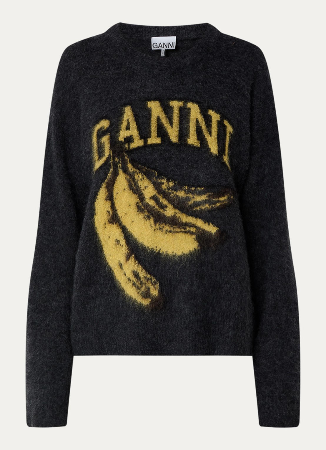 Ganni Fijngebreide trui in scheerwolblend met logoprint - voorkant 2 antraciet