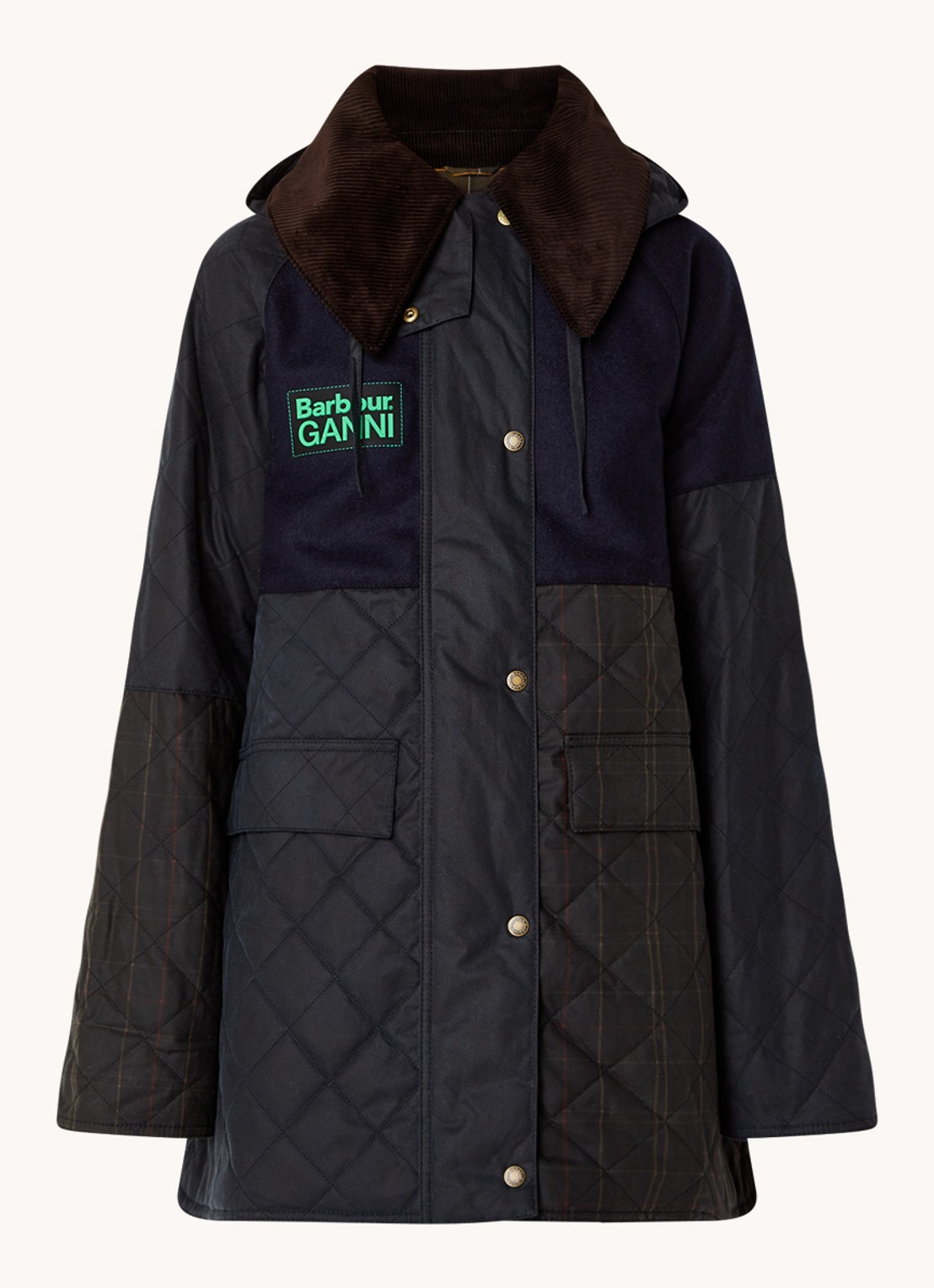 Ganni Gewatteerde jas met inzet van wol en quilt patroon - voorkant 4 blauw