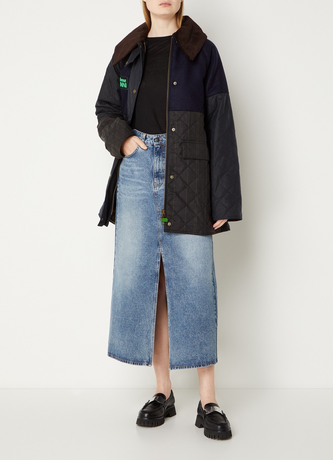 Ganni Gewatteerde jas met inzet van wol en quilt patroon - voorkant 5 blauw