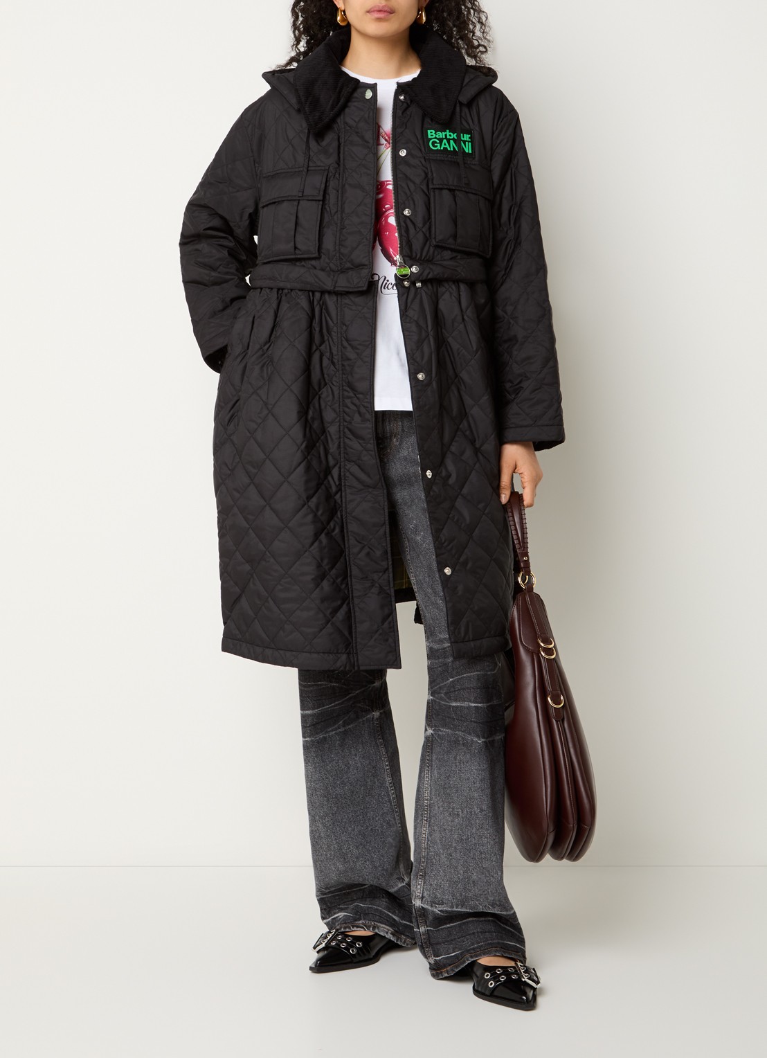Ganni Gewatteerde parka met quilt patroon en borstzakken - voorkant 3 zwart