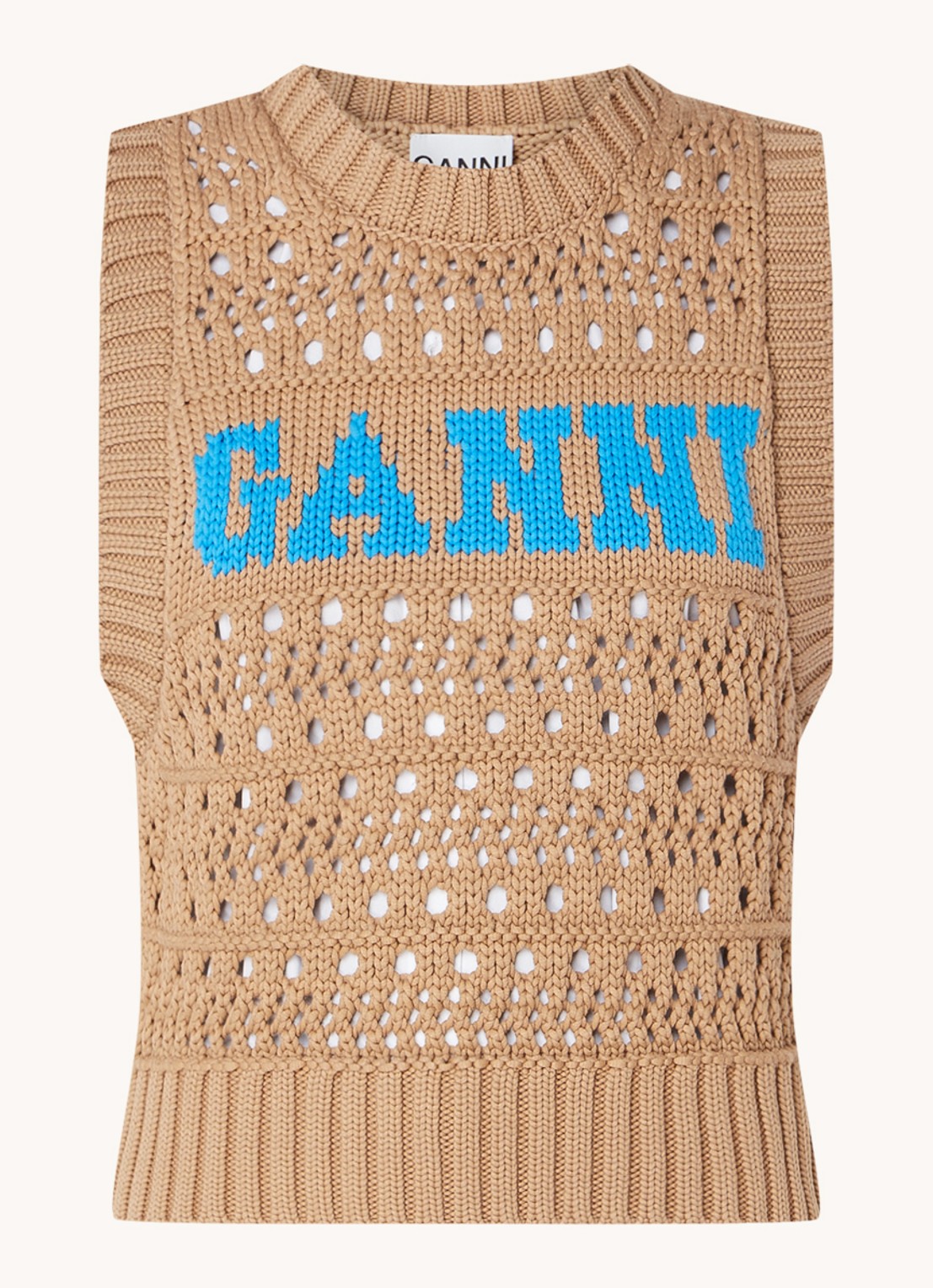 Ganni Grofgebreide spencer in  katoenblend met ingebreid logo - voorkant camel