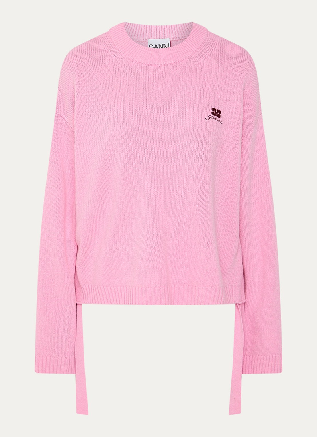Ganni Grofgebreide trui in wolblend met gestrikt detail en logo - voorkant roze