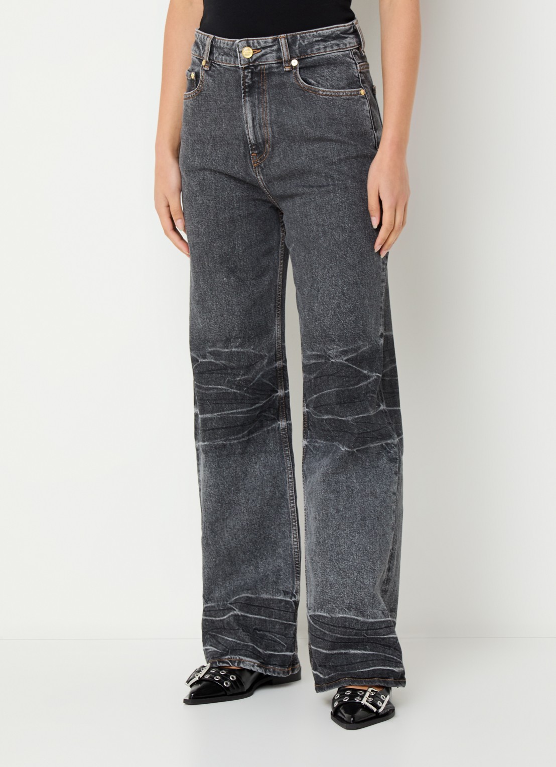 Ganni High waist loose fit jeans in  katoenblend met gekleurde wassing - detail 3 antraciet