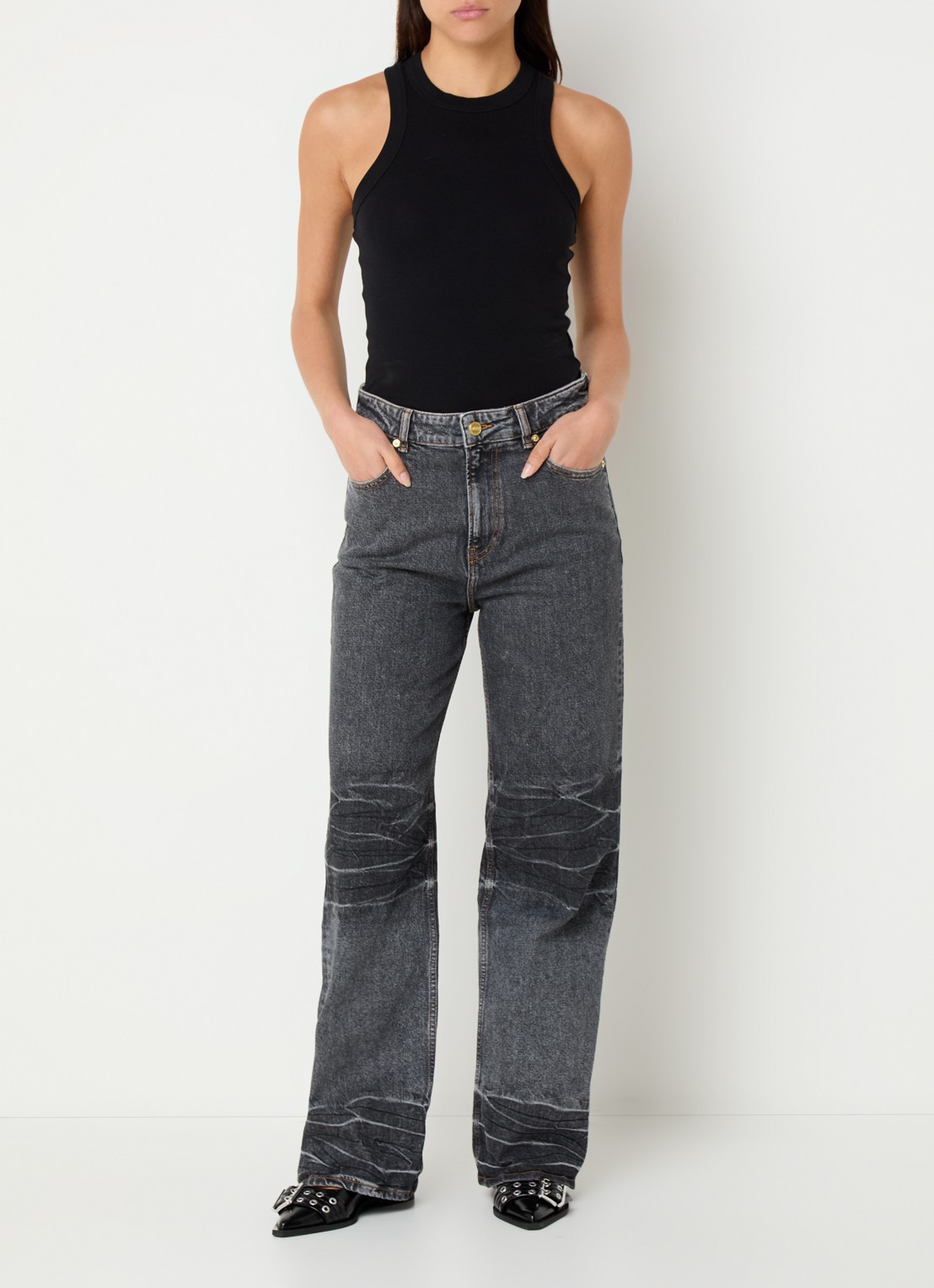 Ganni High waist loose fit jeans in  katoenblend met gekleurde wassing - voorkant 2 antraciet
