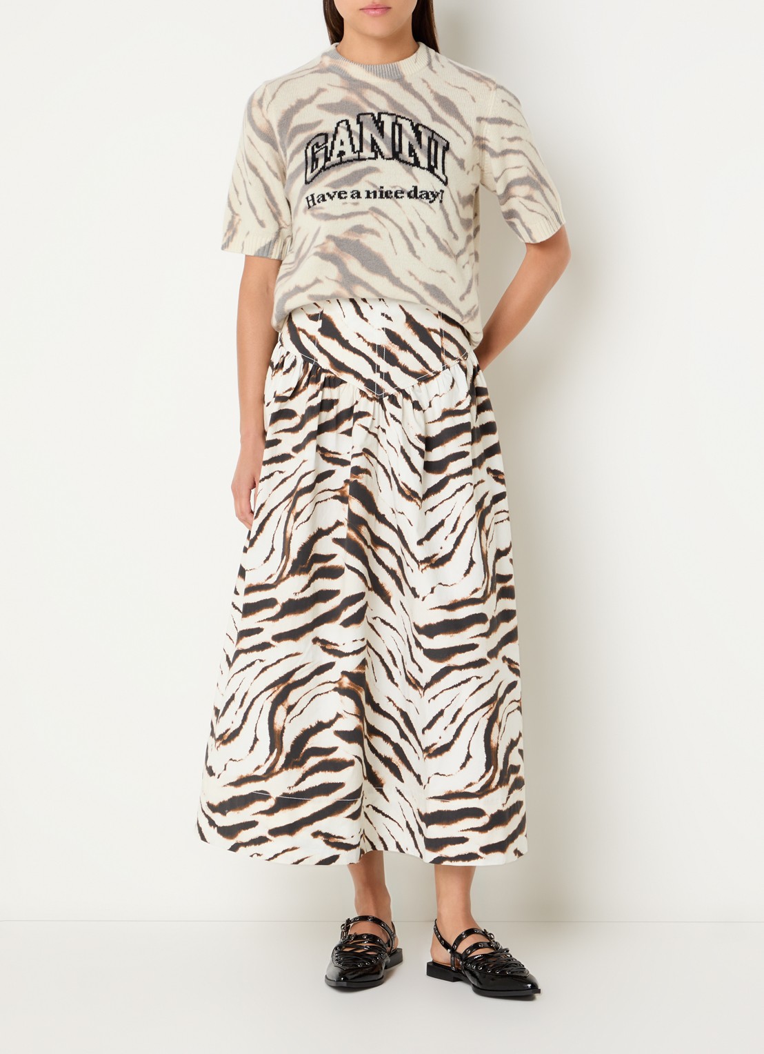 Ganni High waist midi rok met print - voorkant 3 gebroken wit