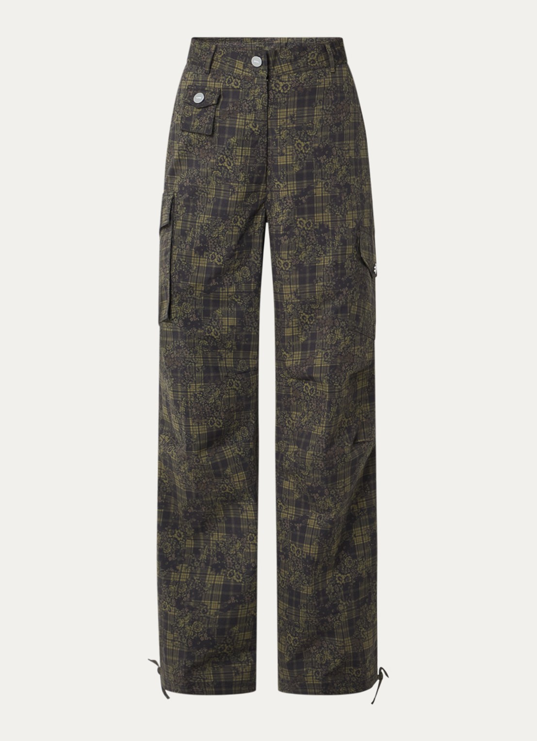 Ganni High waist straight fit cargobroek met ruitdessin en bloemenprint - voorkant 3 olijfgroen