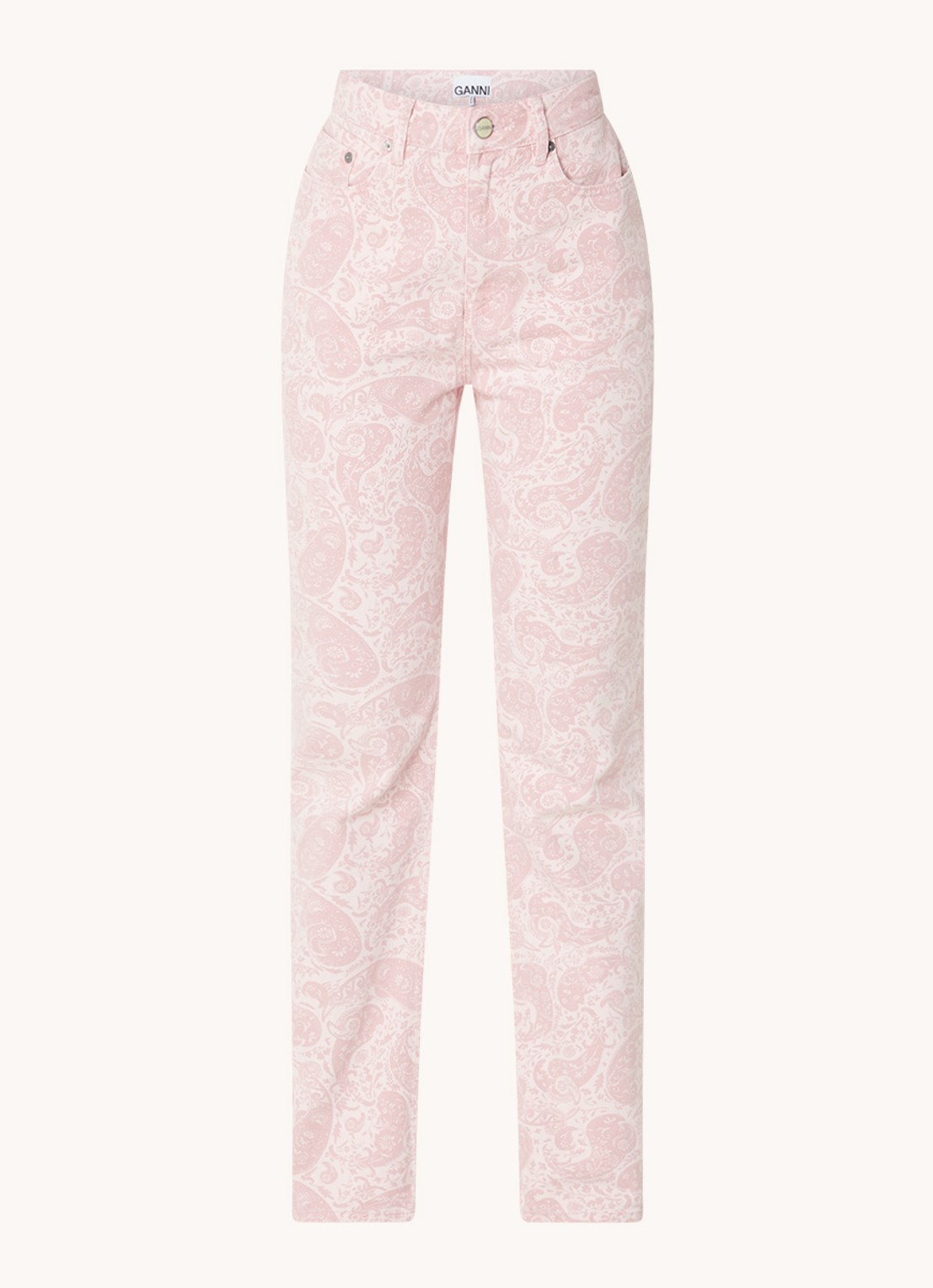 Ganni High waist straight leg jeans met paisley dessin - voorkant lichtroze